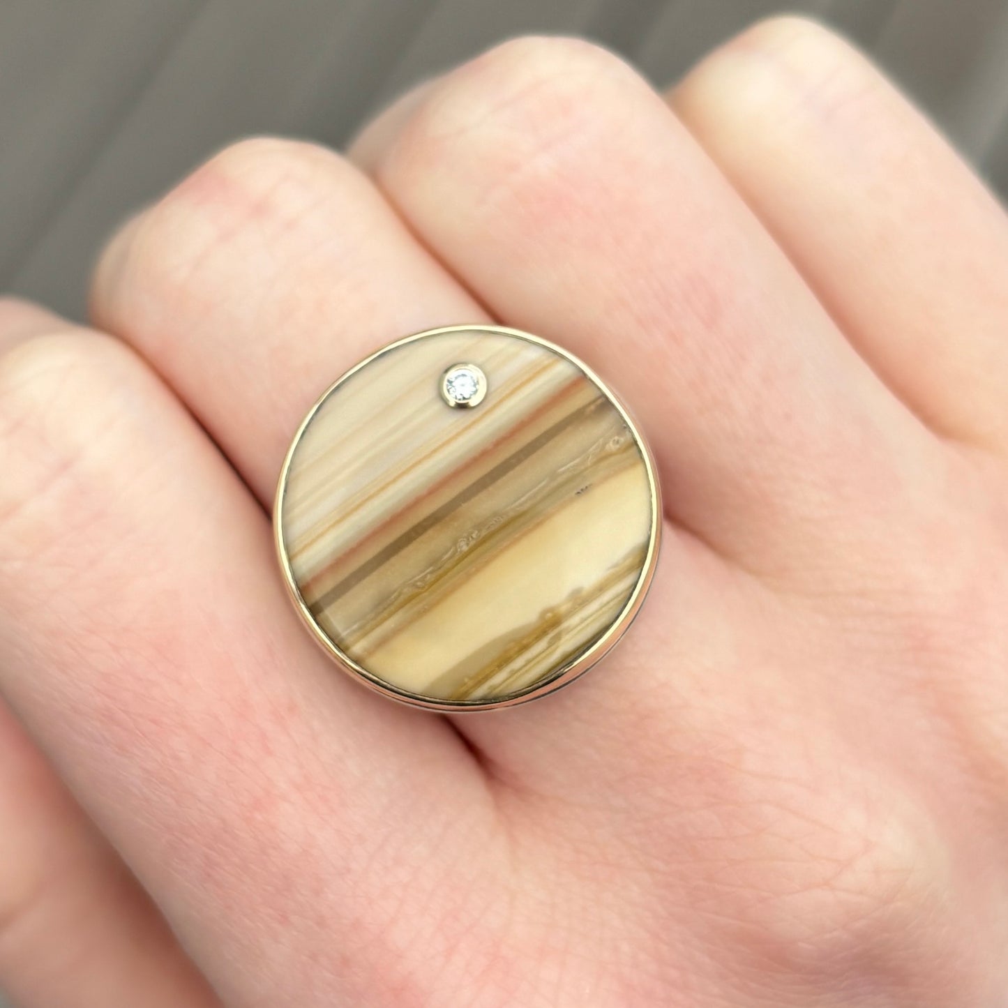 Sterling & 14K Gold Round Saturn Chalcedony & Diamond Ring
