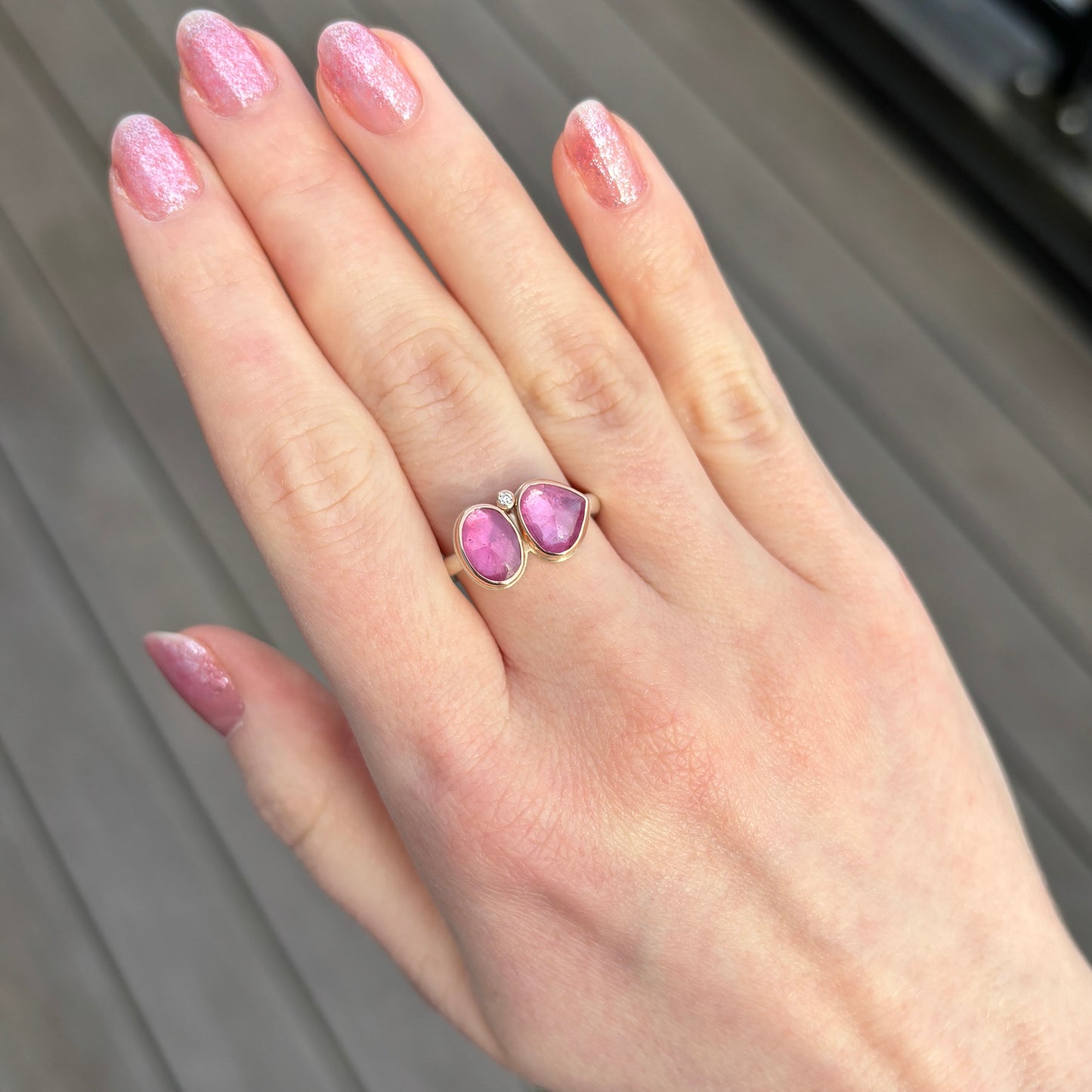 Sterling & 14K Rose Gold Double African Ruby & Diamond Ring