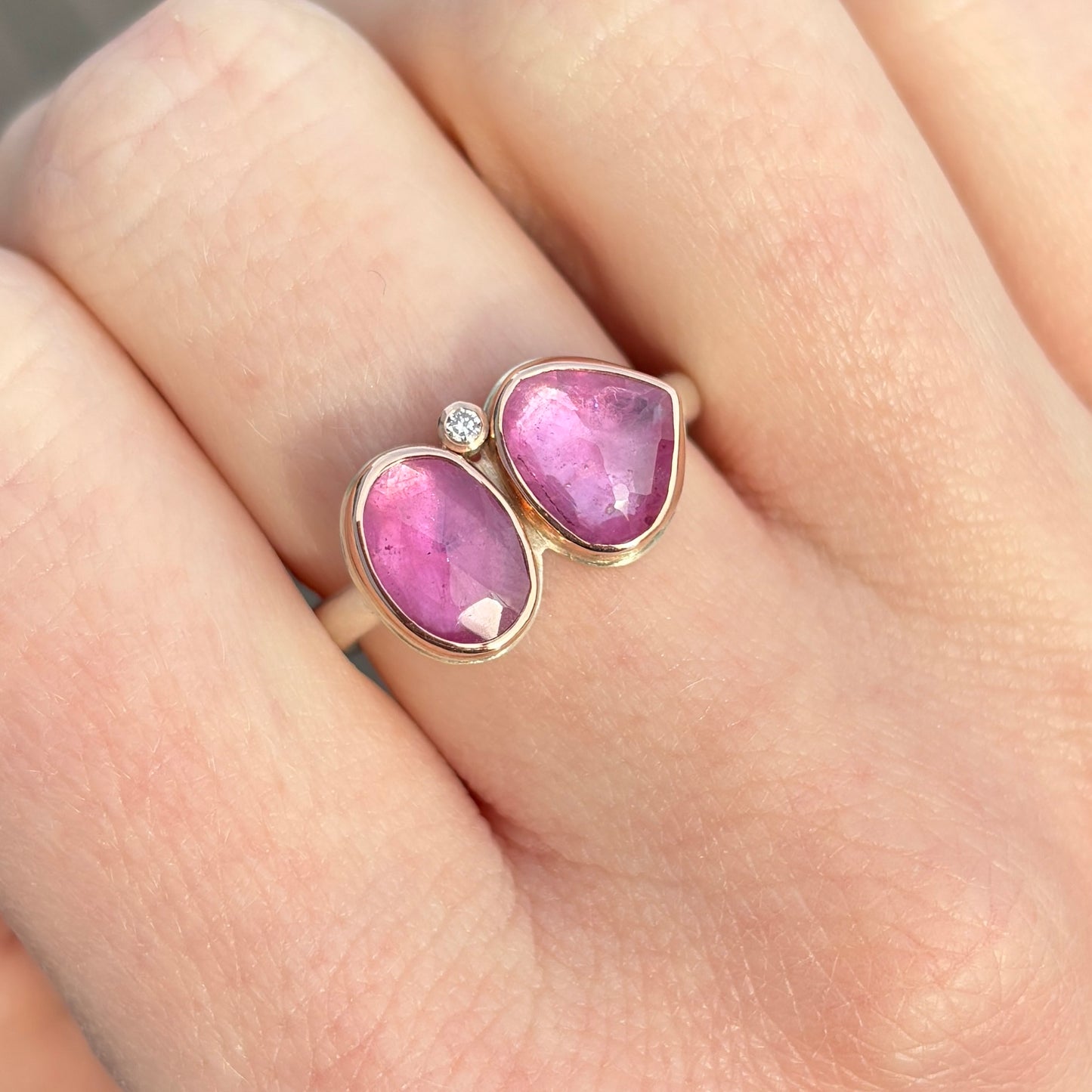 Sterling & 14K Rose Gold Double African Ruby & Diamond Ring