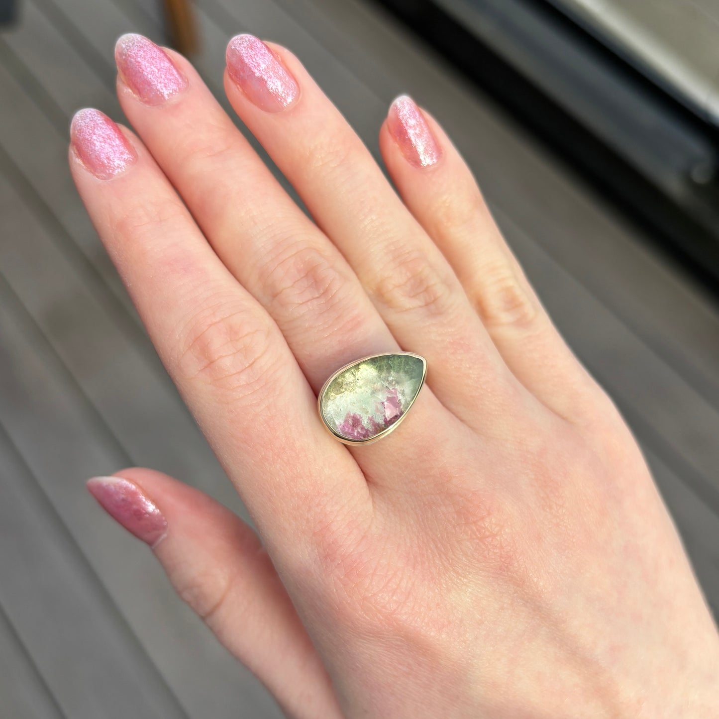 Sterling & 14K Gold Teardrop Watermelon Tourmaline Ring