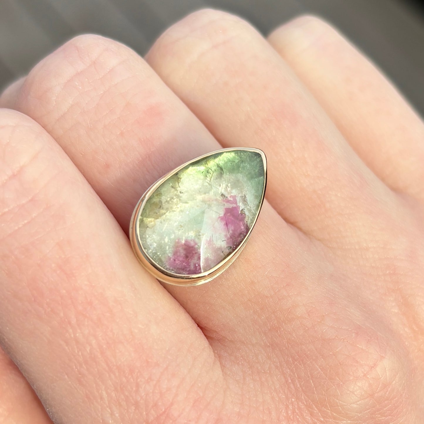 Sterling & 14K Gold Teardrop Watermelon Tourmaline Ring