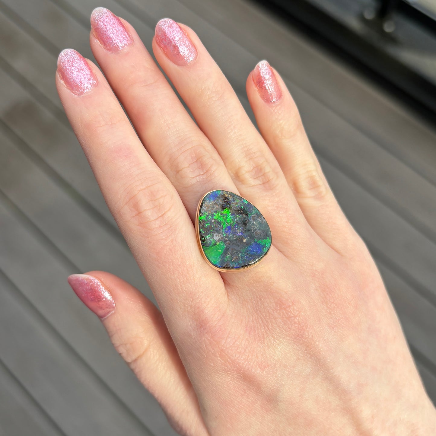 Sterling & 14K Gold Vertical Boulder Opal Ring