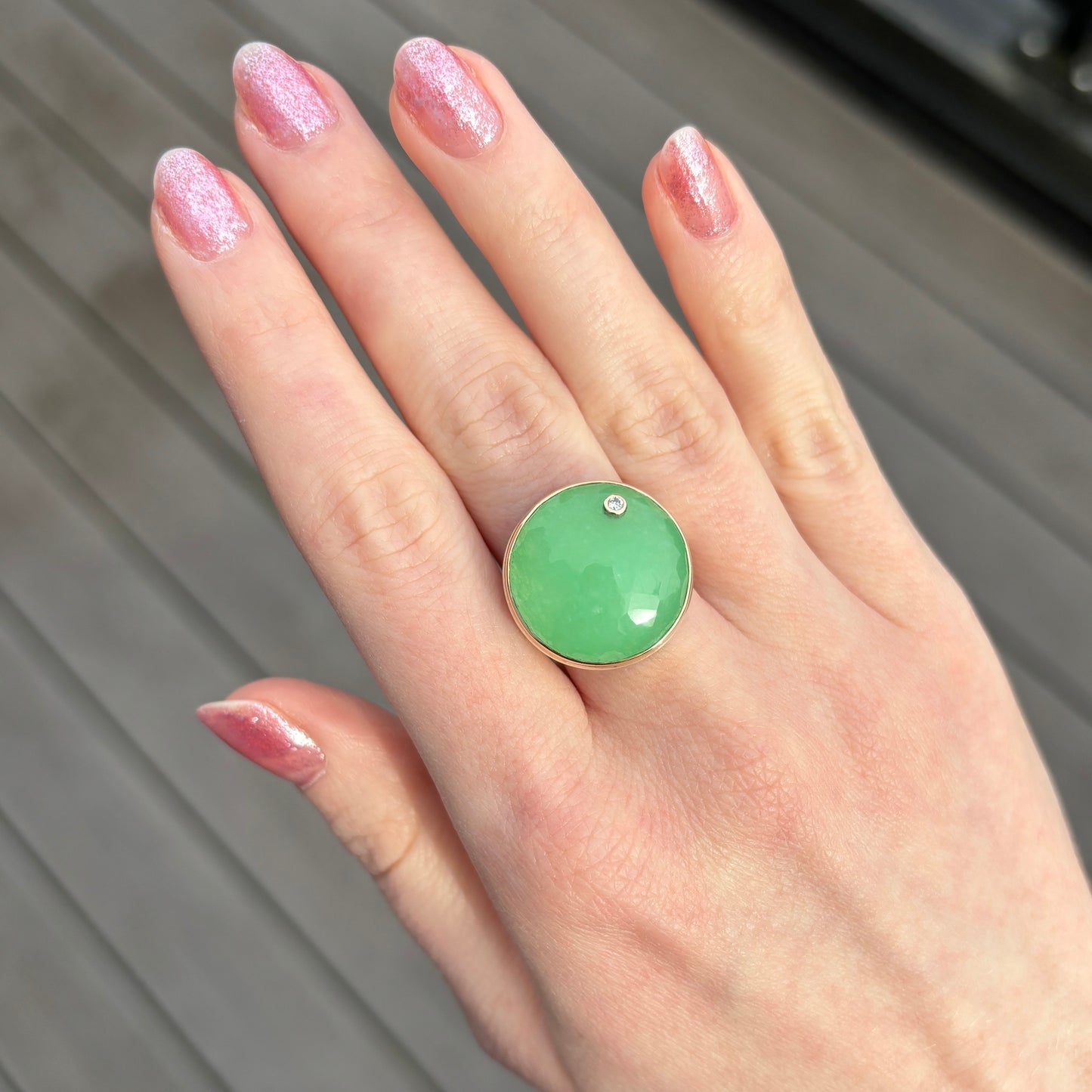 Sterling & 14K Gold Green Quartz & Diamond Ring