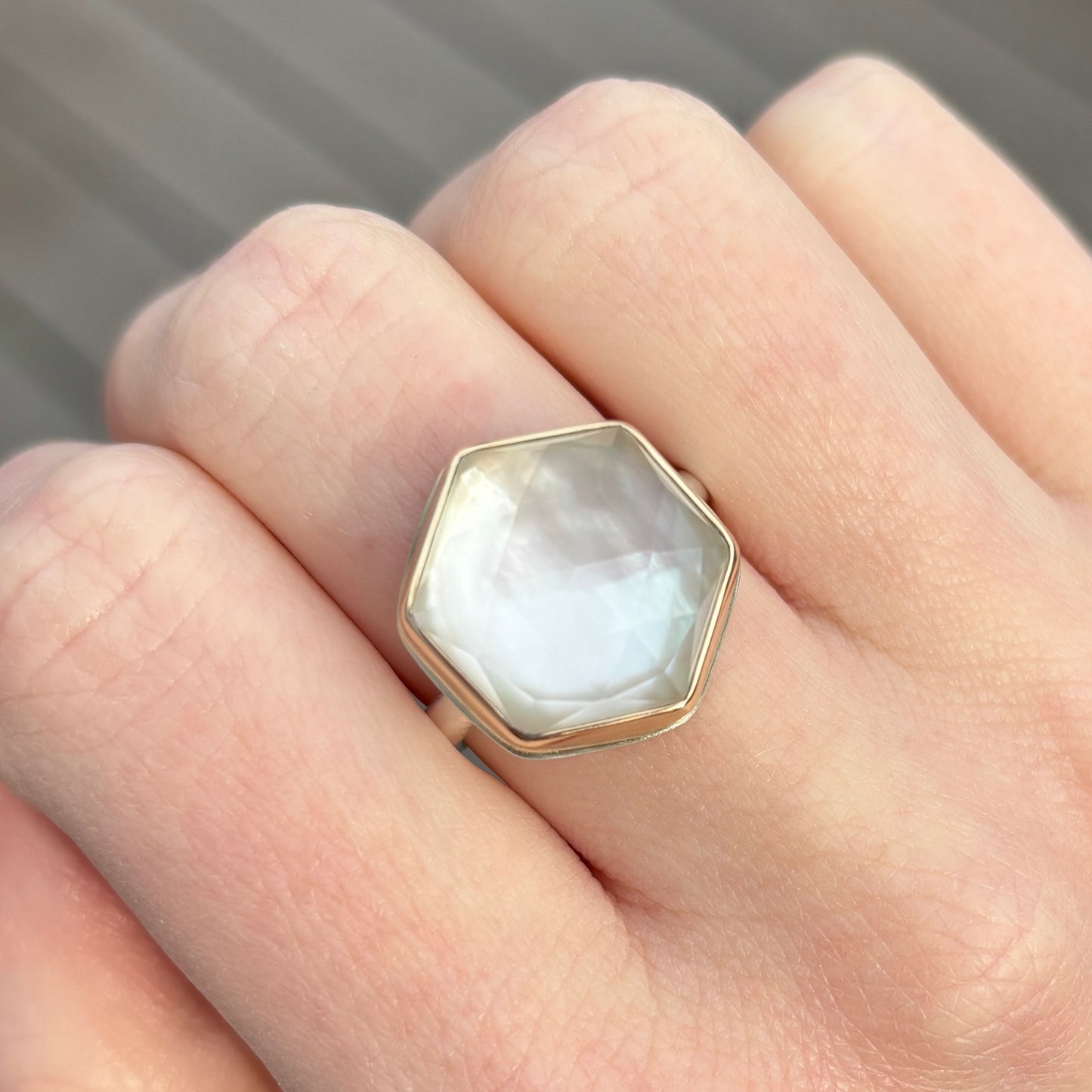 Sterling & 14K Gold Rock Crystal and Mother of Pearl Ring