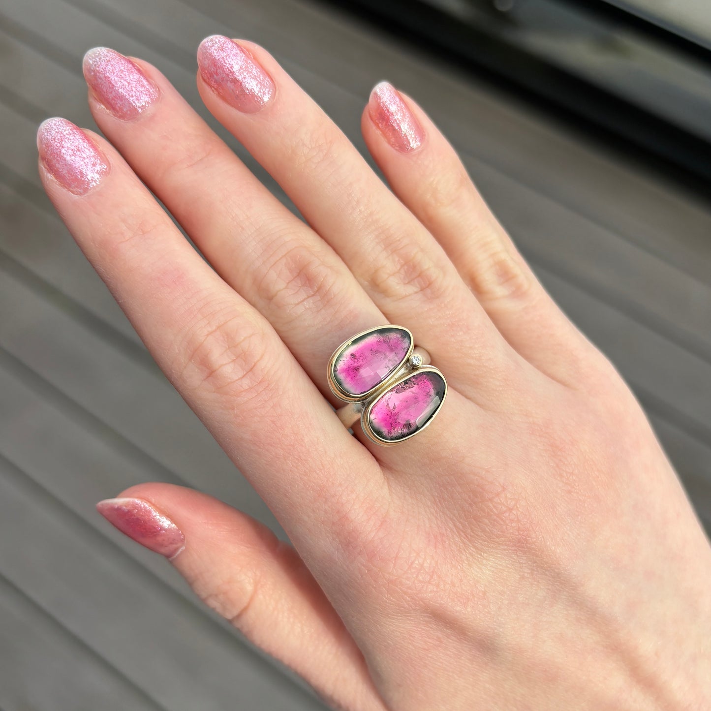 Sterling & 14K Gold Double Watermelon Tourmaline & Diamond Ring