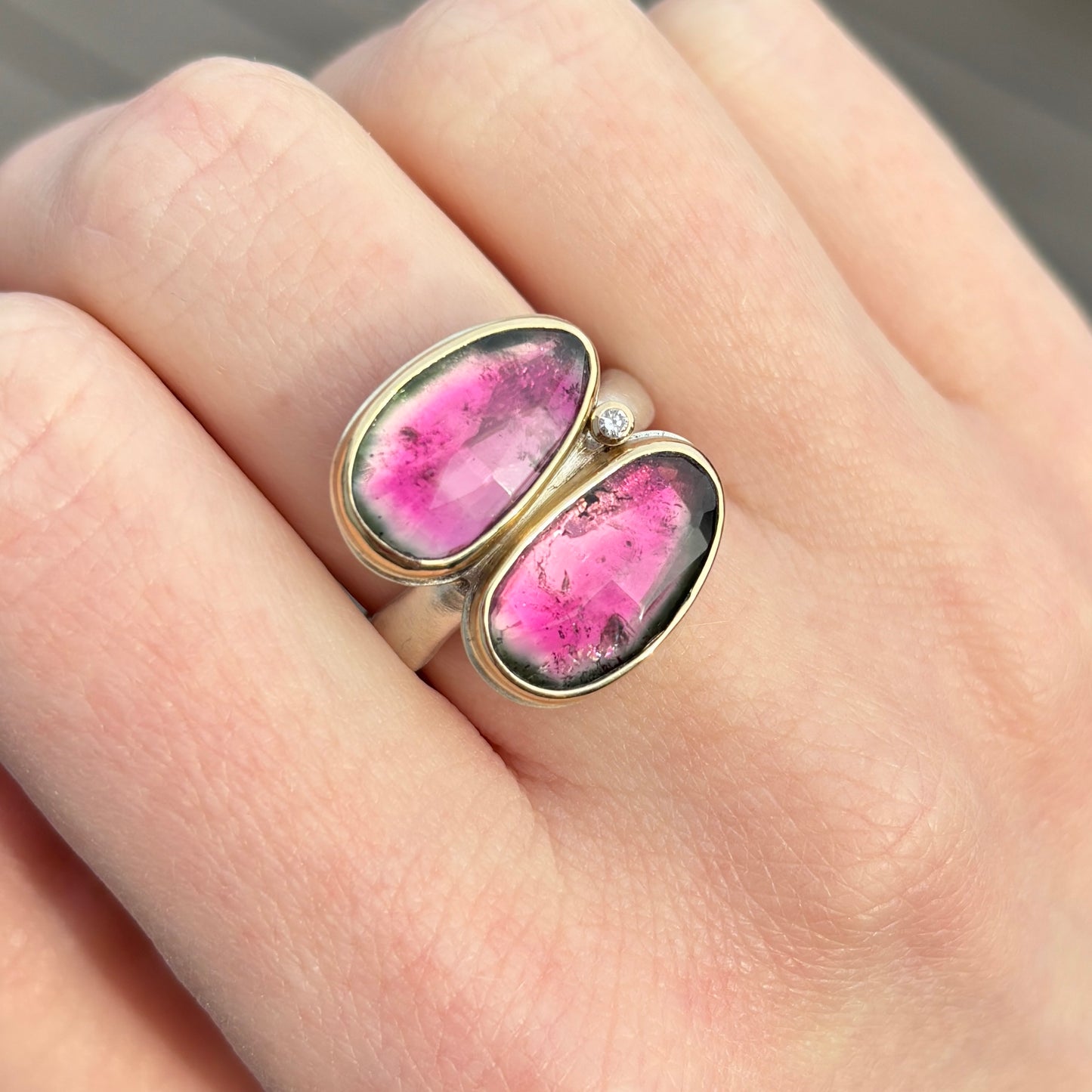 Sterling & 14K Gold Double Watermelon Tourmaline & Diamond Ring