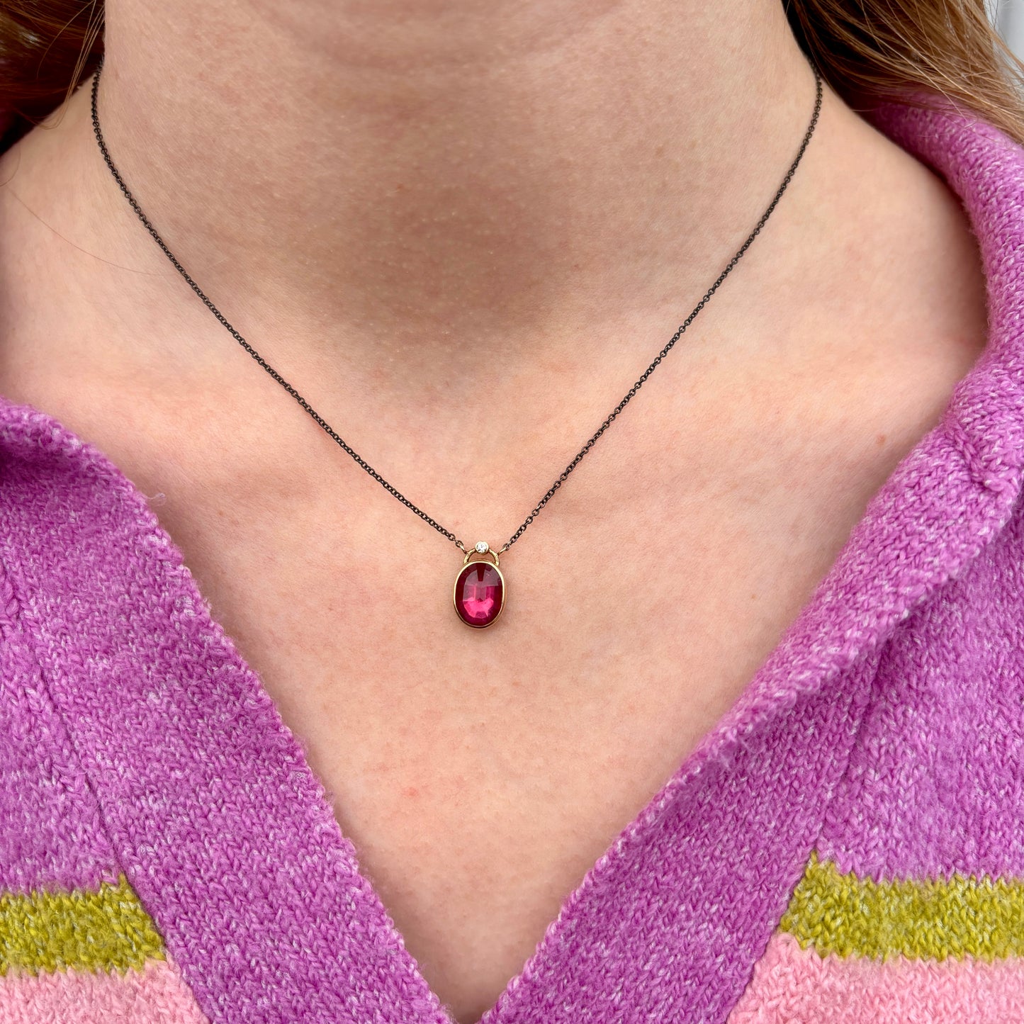 Oxidized Sterling & 14K Gold African Ruby & Diamond Necklace