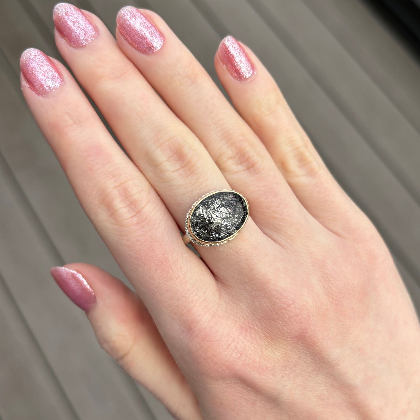 Sterling & 14K Gold Lava Edge Tourmalinated Quartz Ring