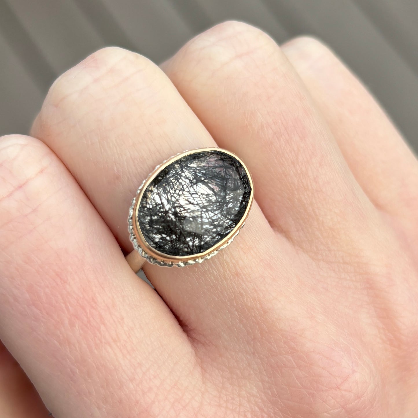 Sterling & 14K Gold Lava Edge Tourmalinated Quartz Ring