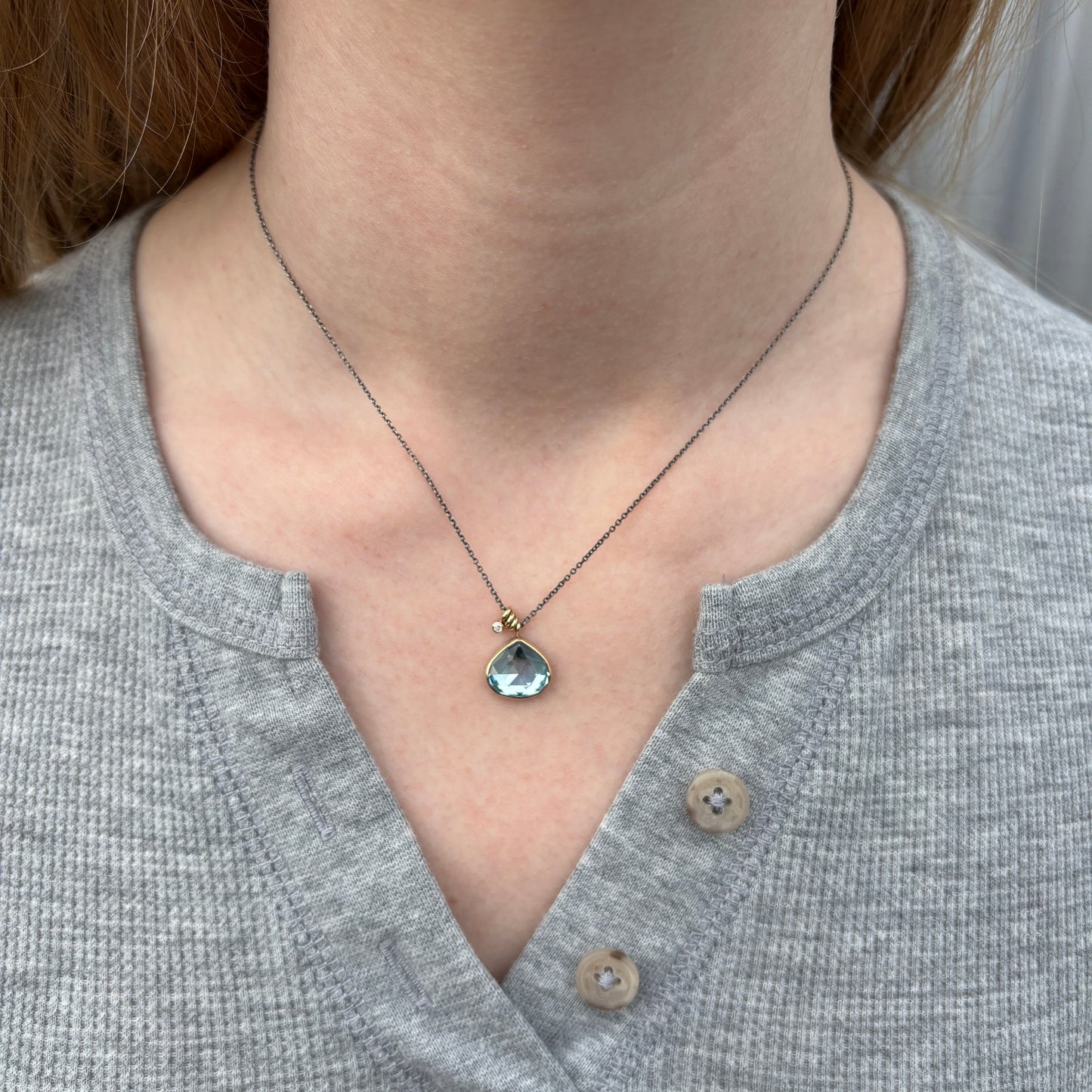 Oxidized Sterling & 14K Gold Small Sky Blue Topaz & Diamond Necklace