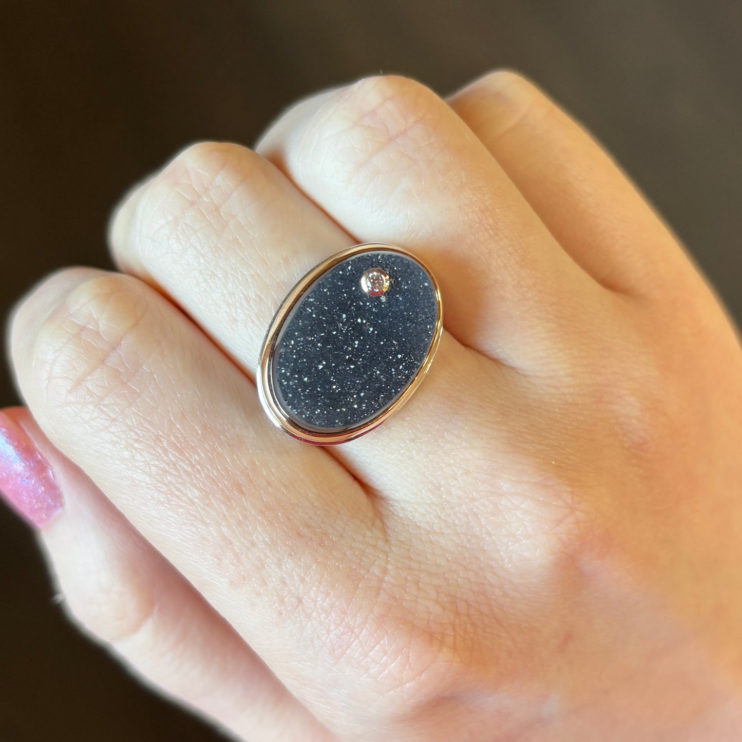 Sterling & 14K Gold Brazilian Black Drusy & Diamond Ring