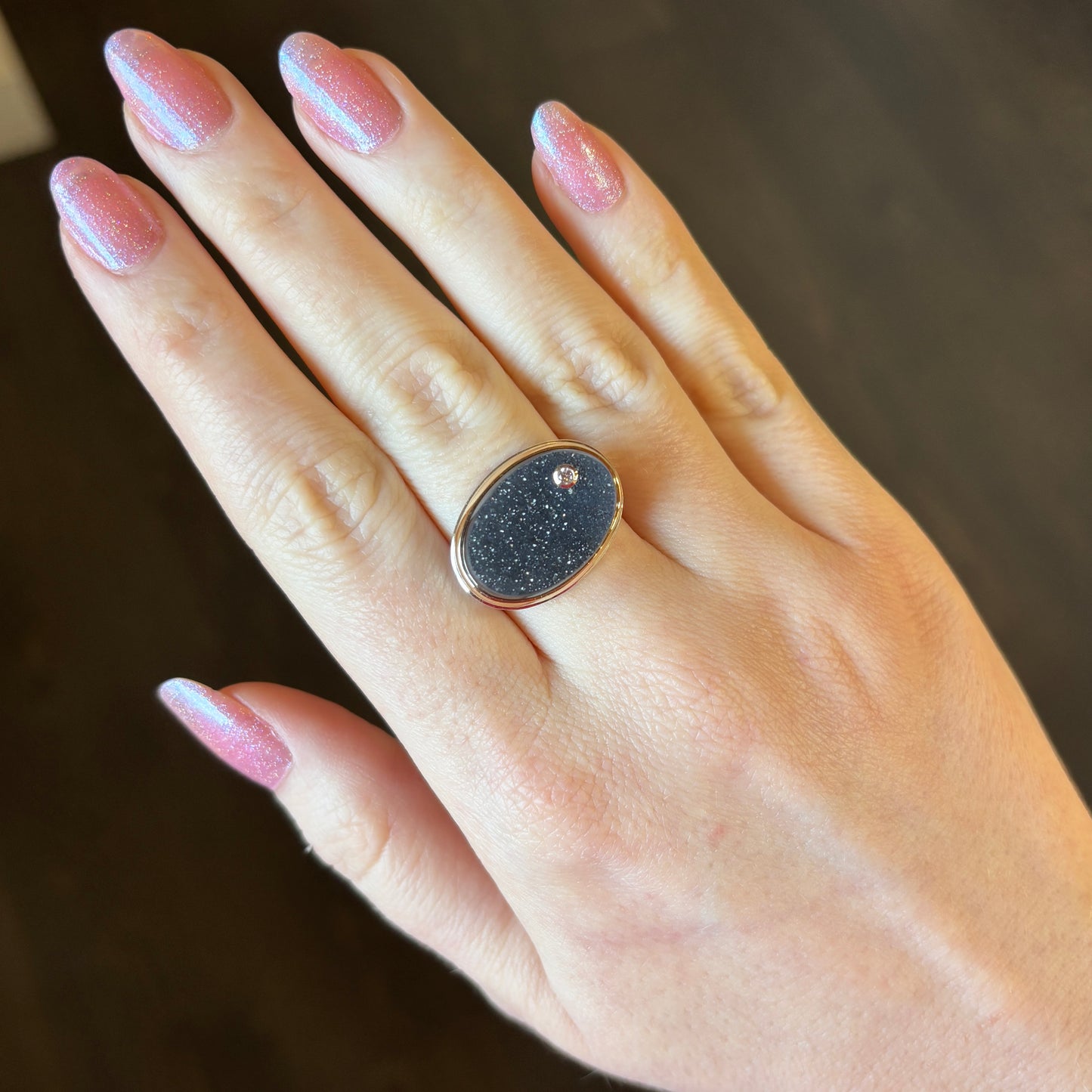 Sterling & 14K Gold Brazilian Black Drusy & Diamond Ring
