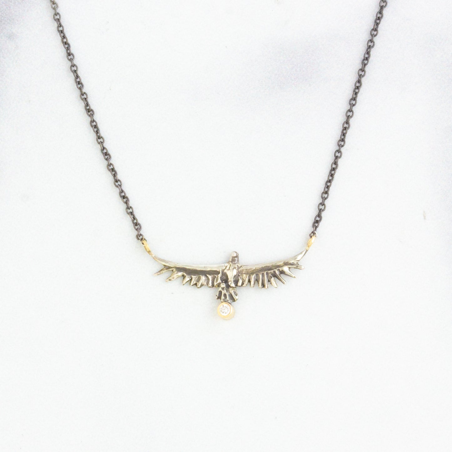 Oxidized Sterling & 14k Gold Diamond Soaring Eagle Necklace