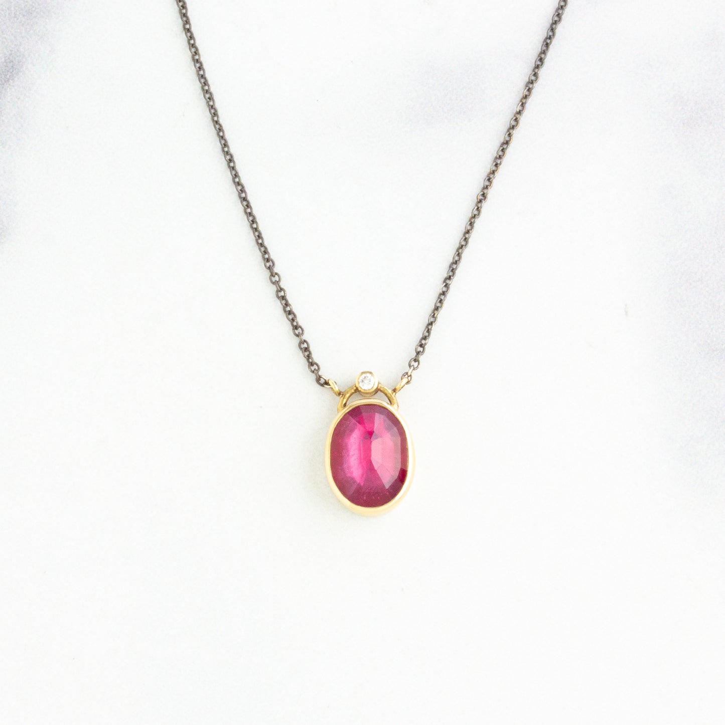 Oxidized Sterling & 14K Gold African Ruby & Diamond Necklace