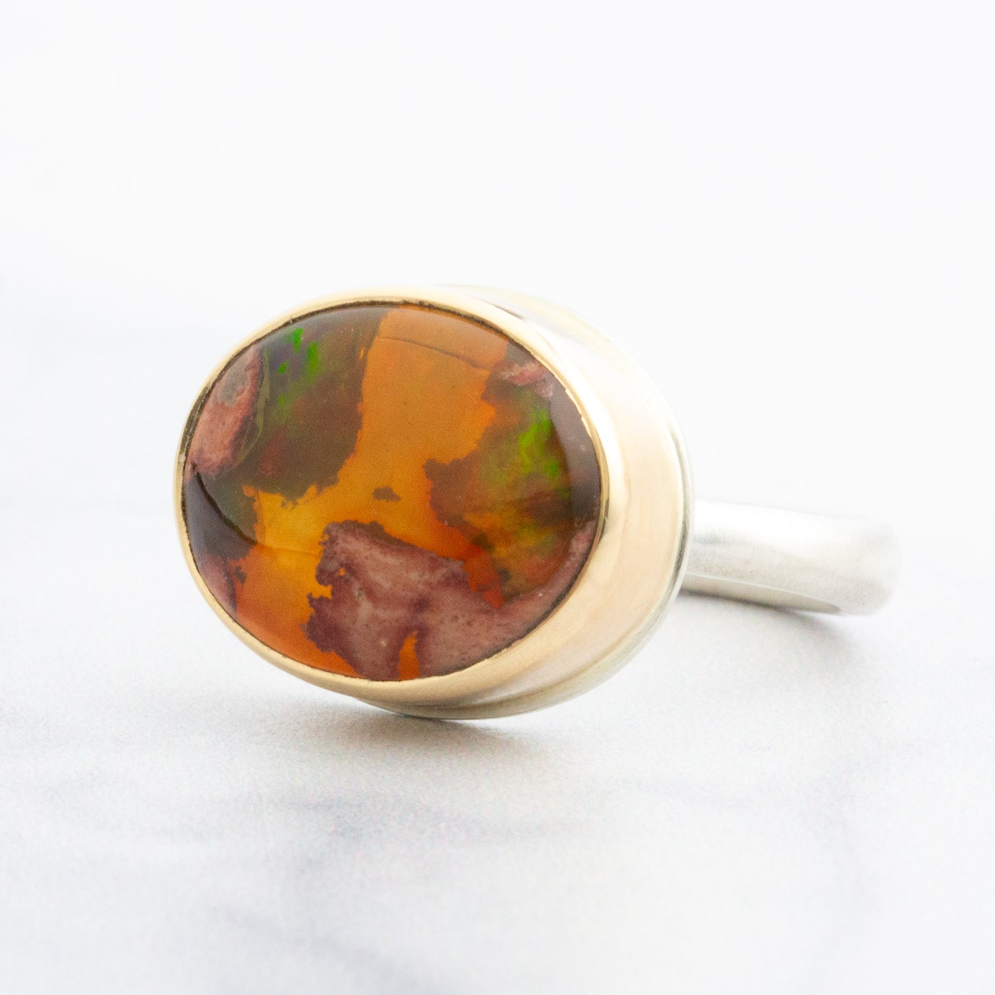 Sterling & 14K Gold Oval Mexican Fire Opal Ring