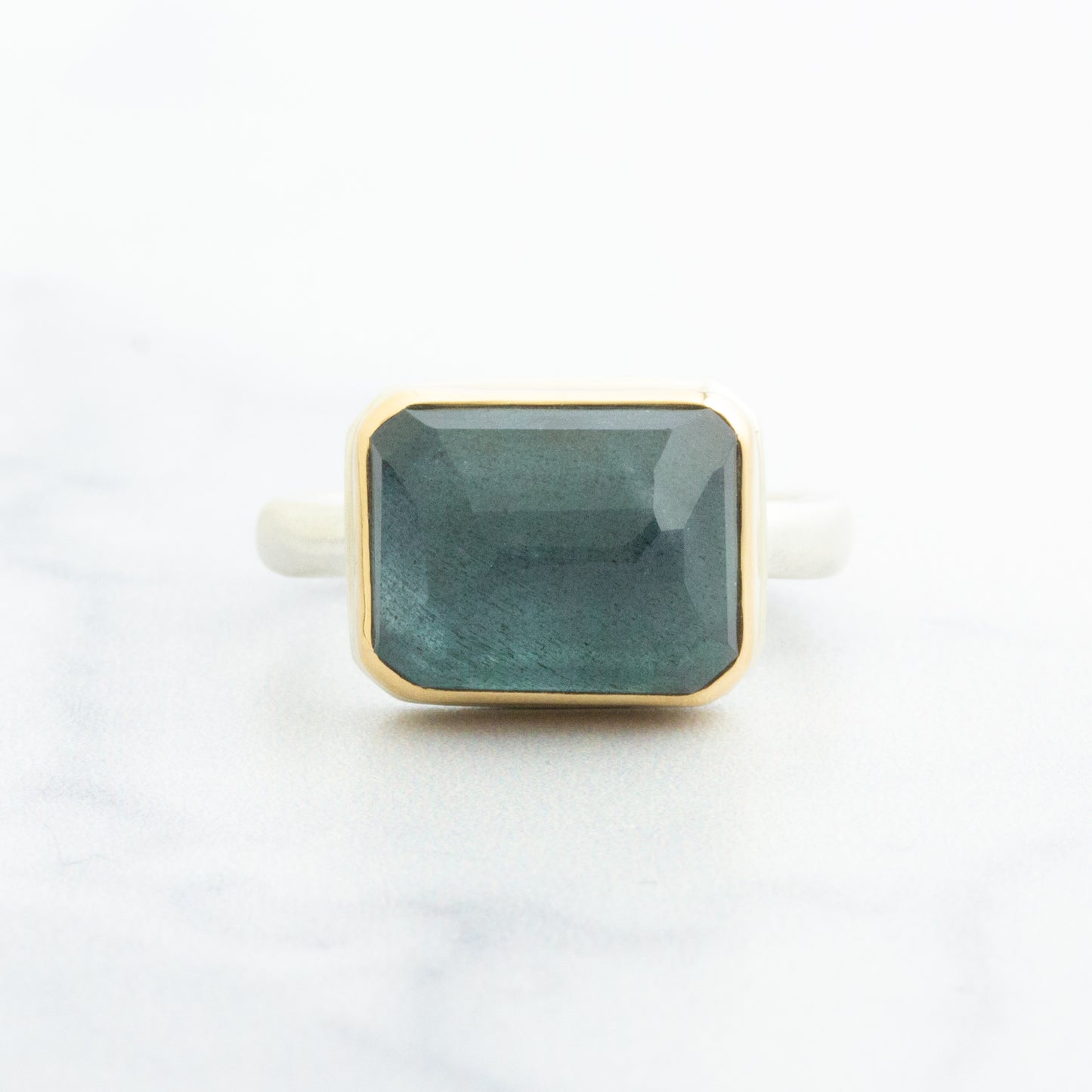 Sterling & 14K Gold Rectangular Moss Aquamarine Ring