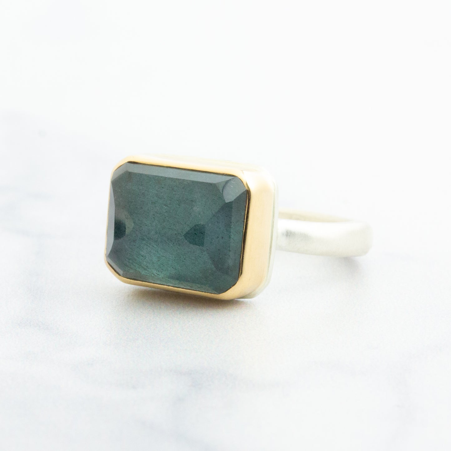 Sterling & 14K Gold Rectangular Moss Aquamarine Ring