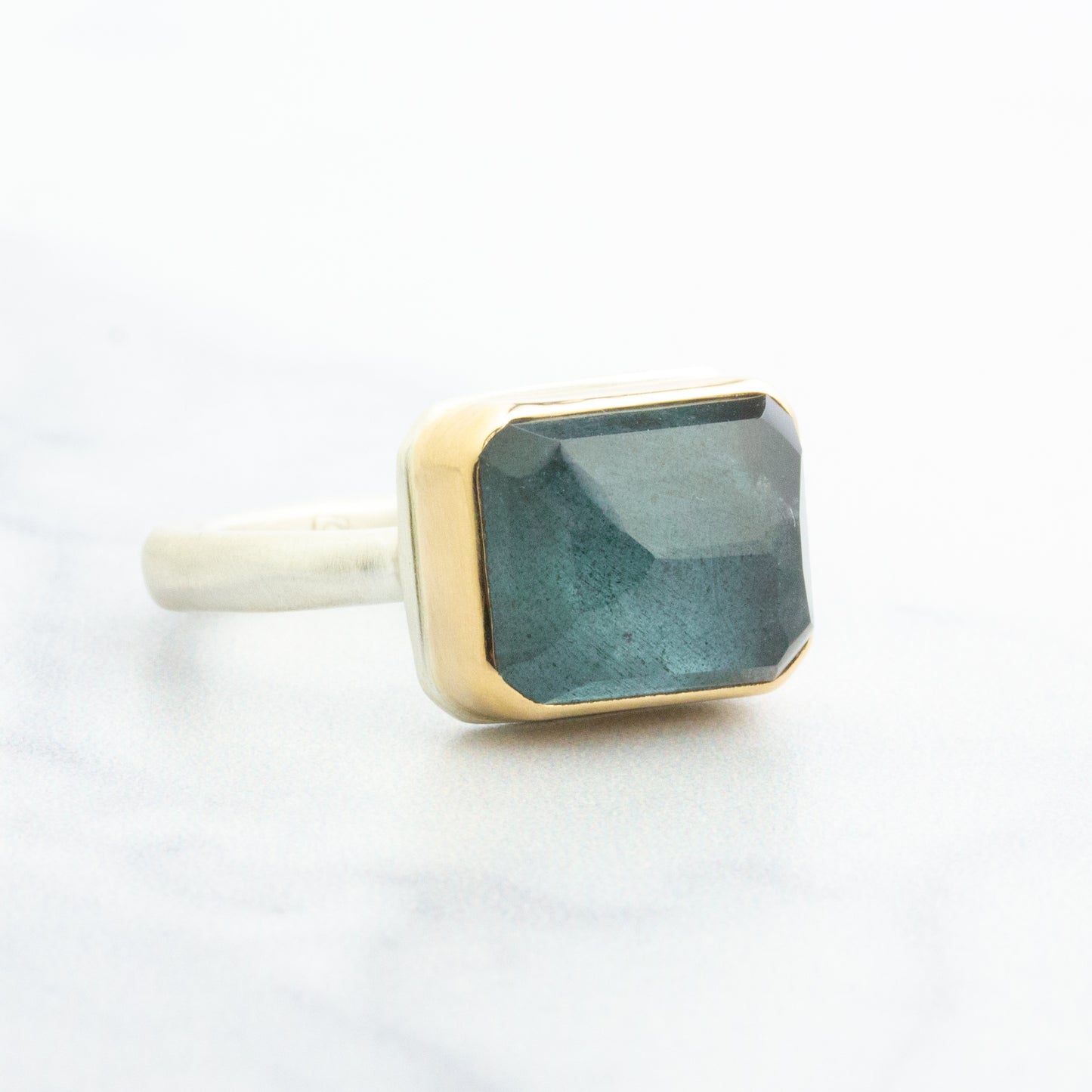 Sterling & 14K Gold Rectangular Moss Aquamarine Ring