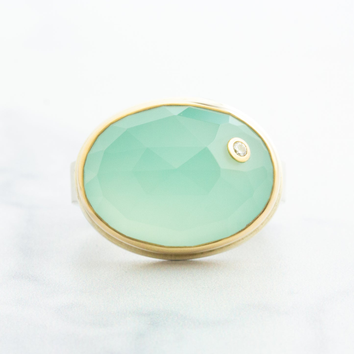 Sterling & 14K Gold Aqua Chalcedony & Diamond Ring