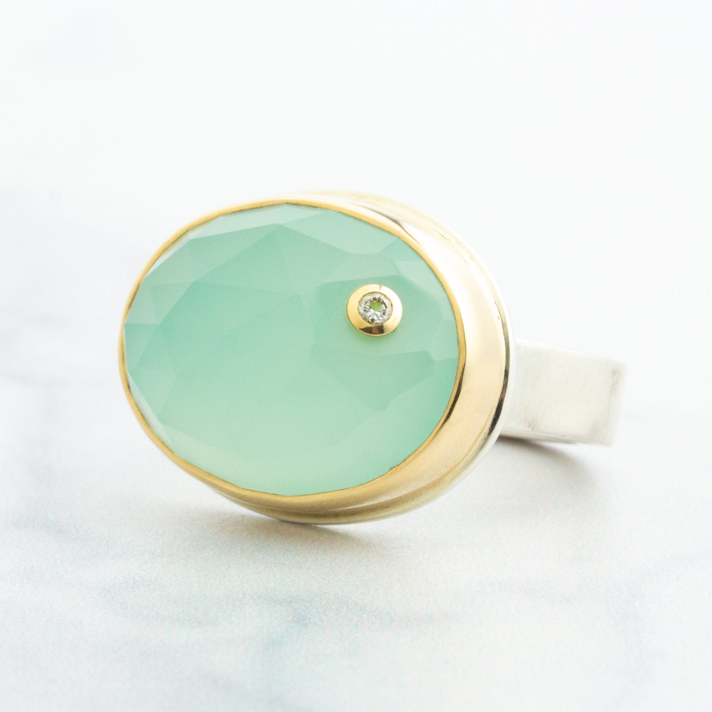Sterling & 14K Gold Aqua Chalcedony & Diamond Ring