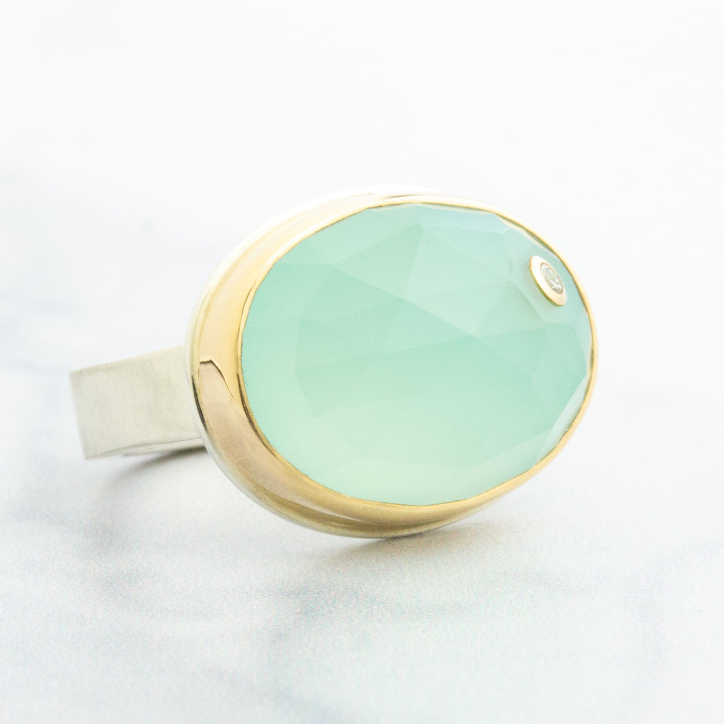 Sterling & 14K Gold Aqua Chalcedony & Diamond Ring