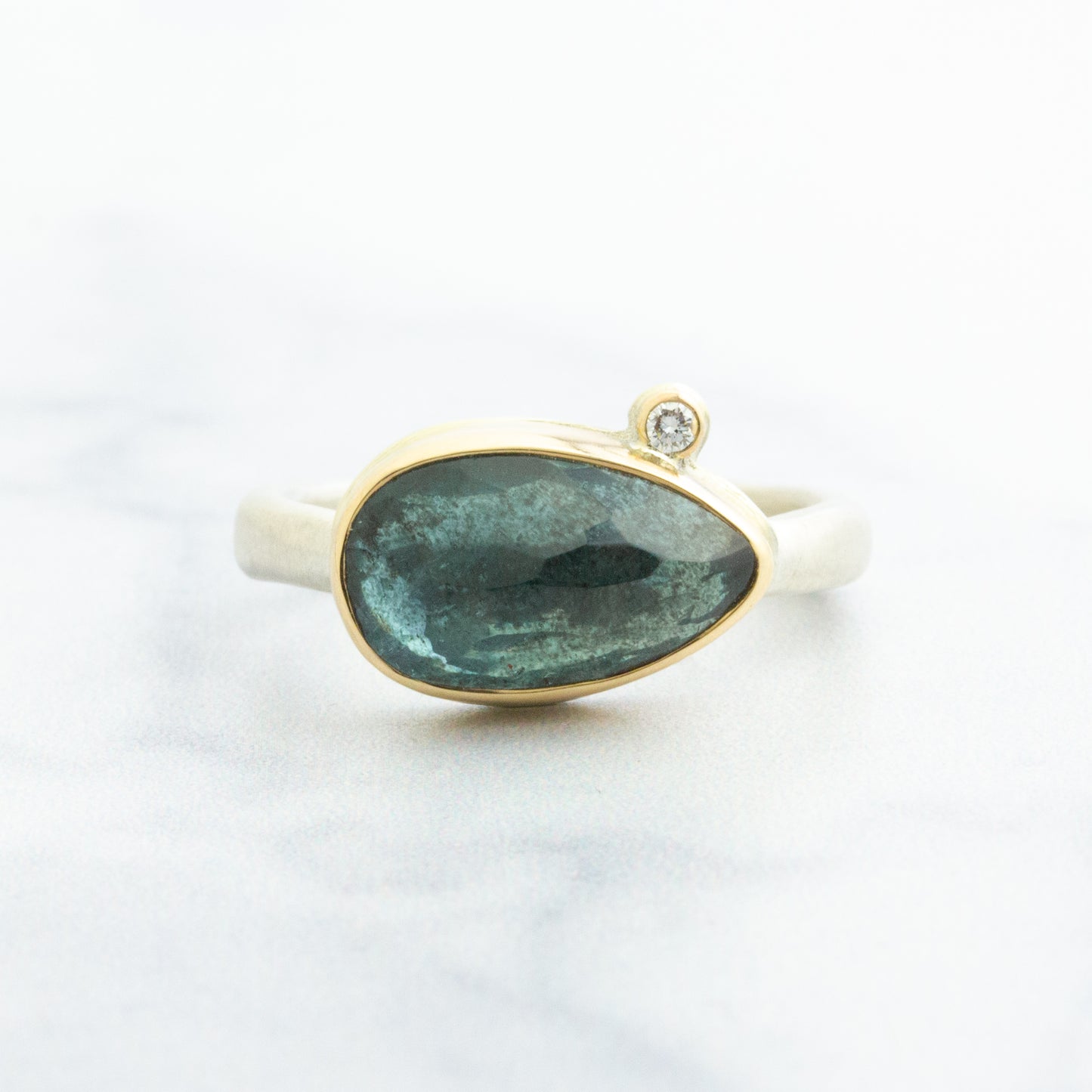 Sterling & 14K Gold Moss Aquamarine & Diamond Ring