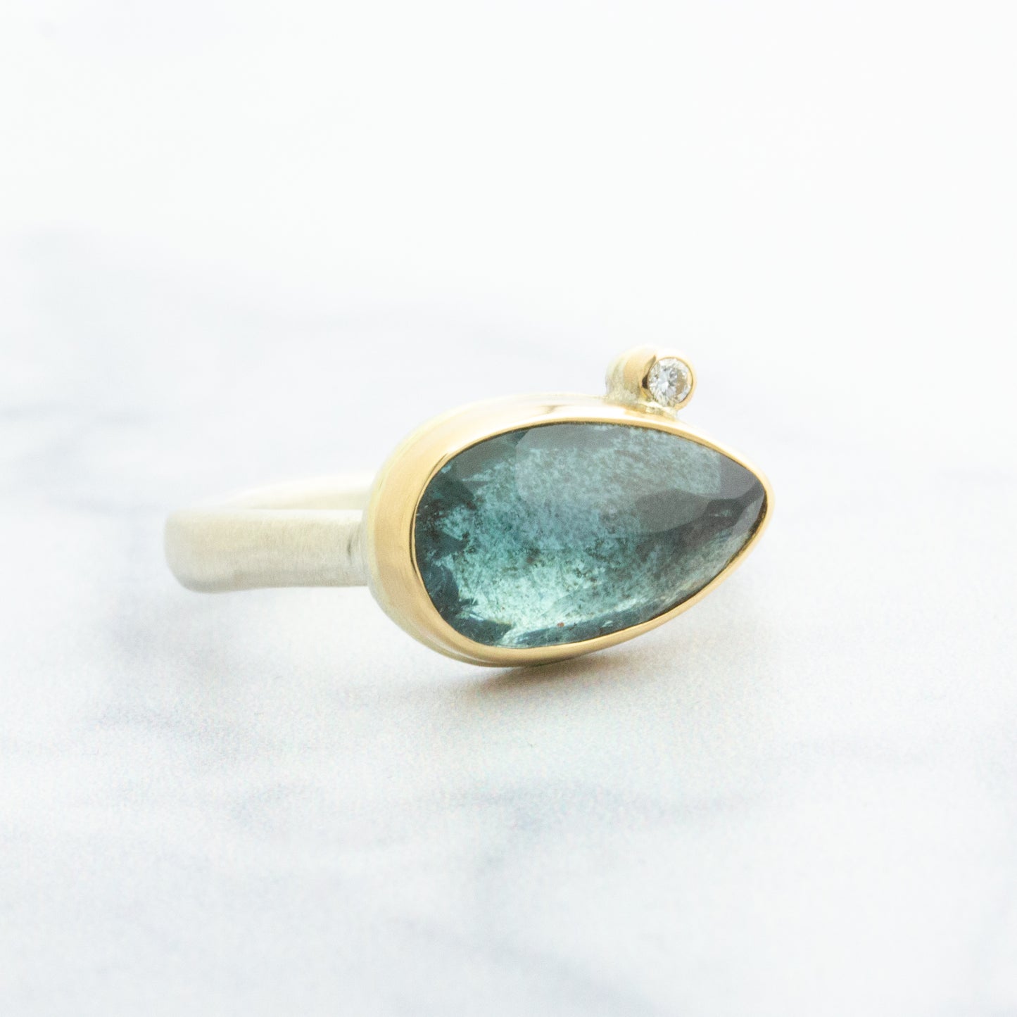 Sterling & 14K Gold Moss Aquamarine & Diamond Ring