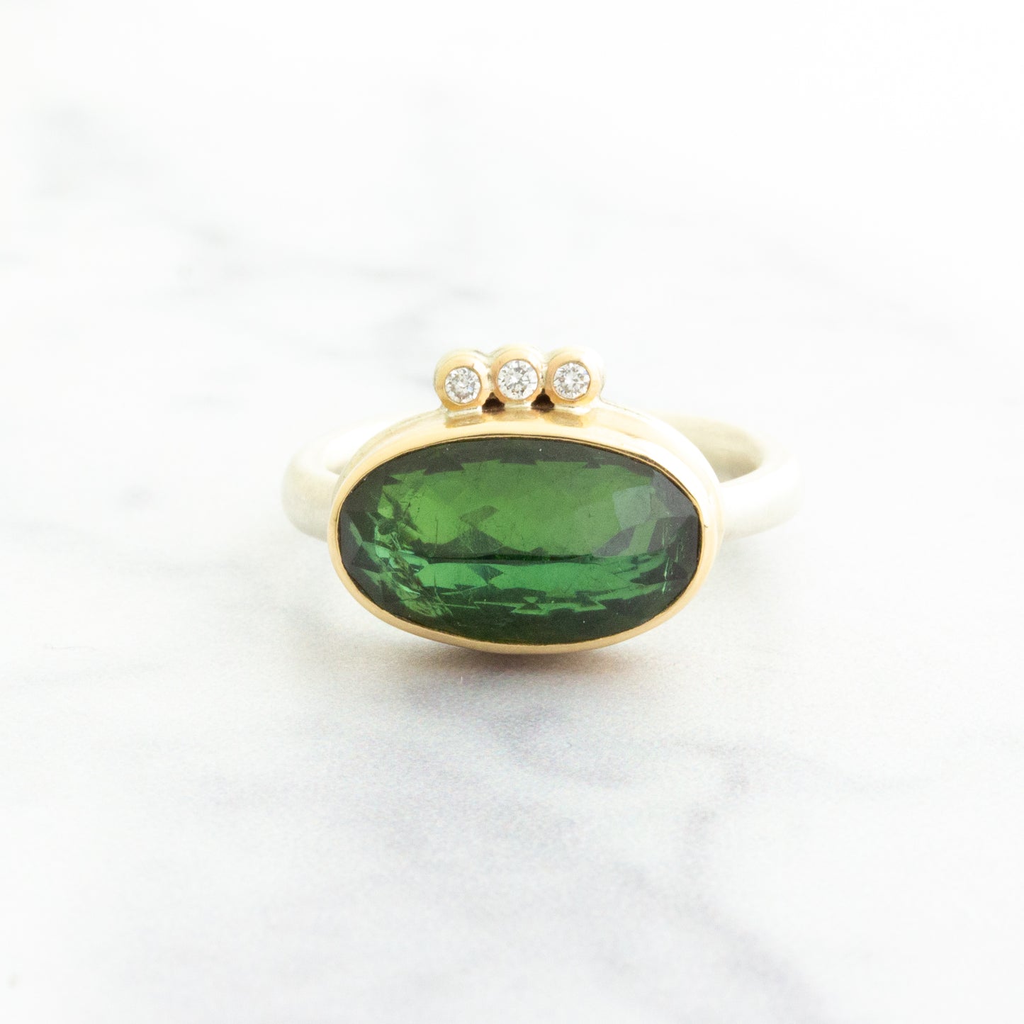 Sterling & 14K Gold Green Tourmaline & Diamond Ring