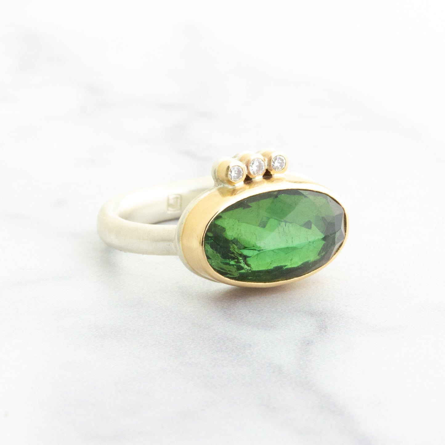 Sterling & 14K Gold Green Tourmaline & Diamond Ring