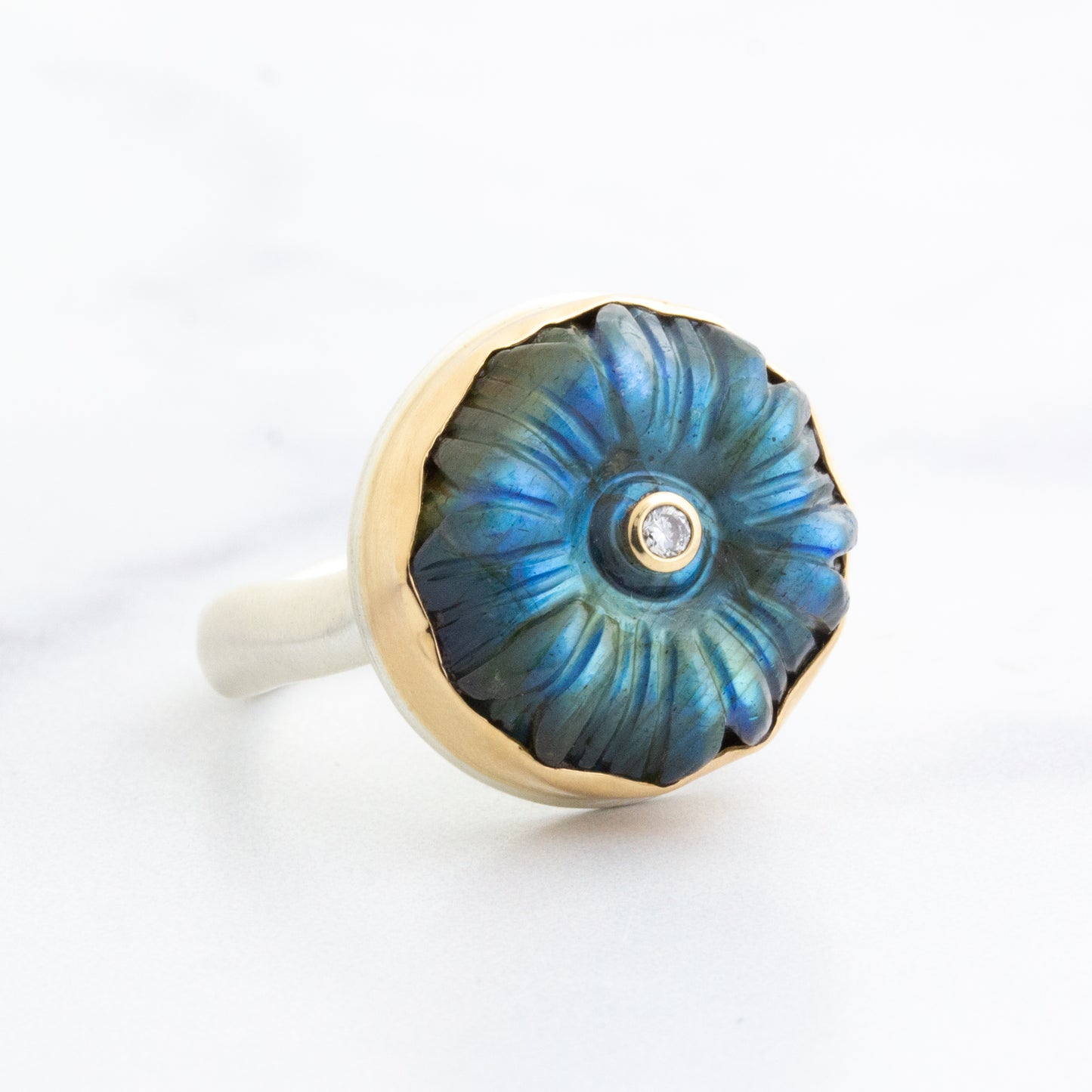 Sterling & 18K Gold Carved Flower Labradorite & Diamond Ring
