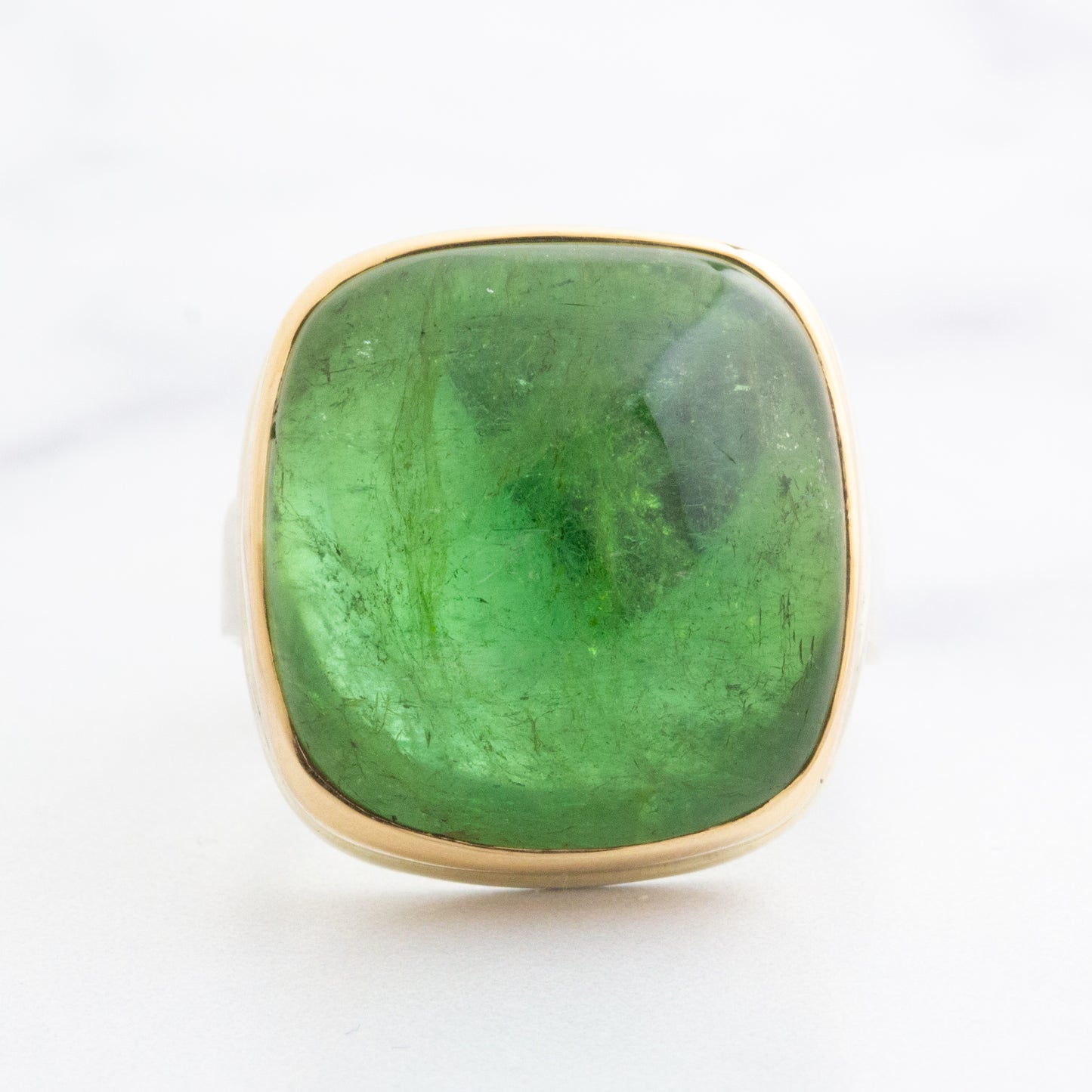 Sterling & 14K Gold Large Square Green Tourmaline Ring