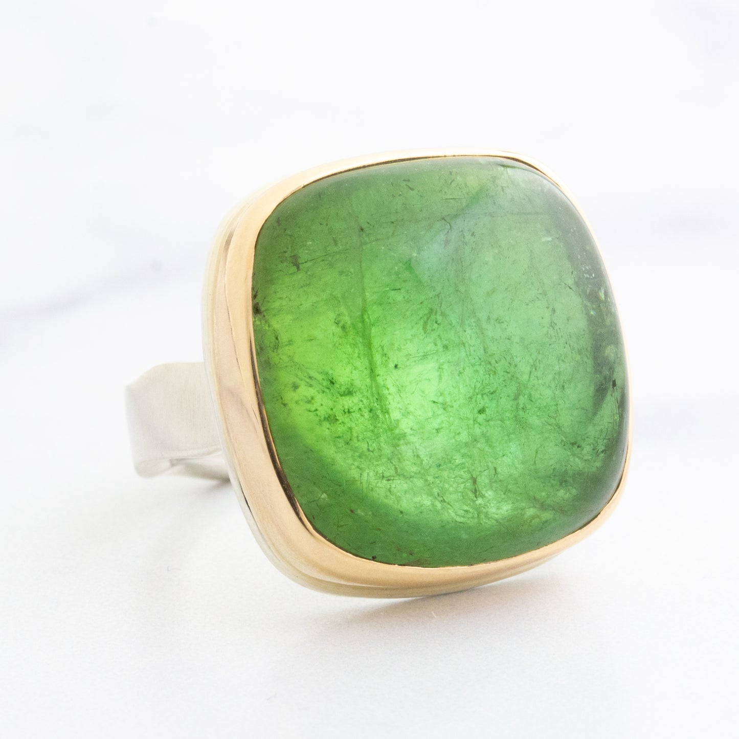 Sterling & 14K Gold Large Square Green Tourmaline Ring