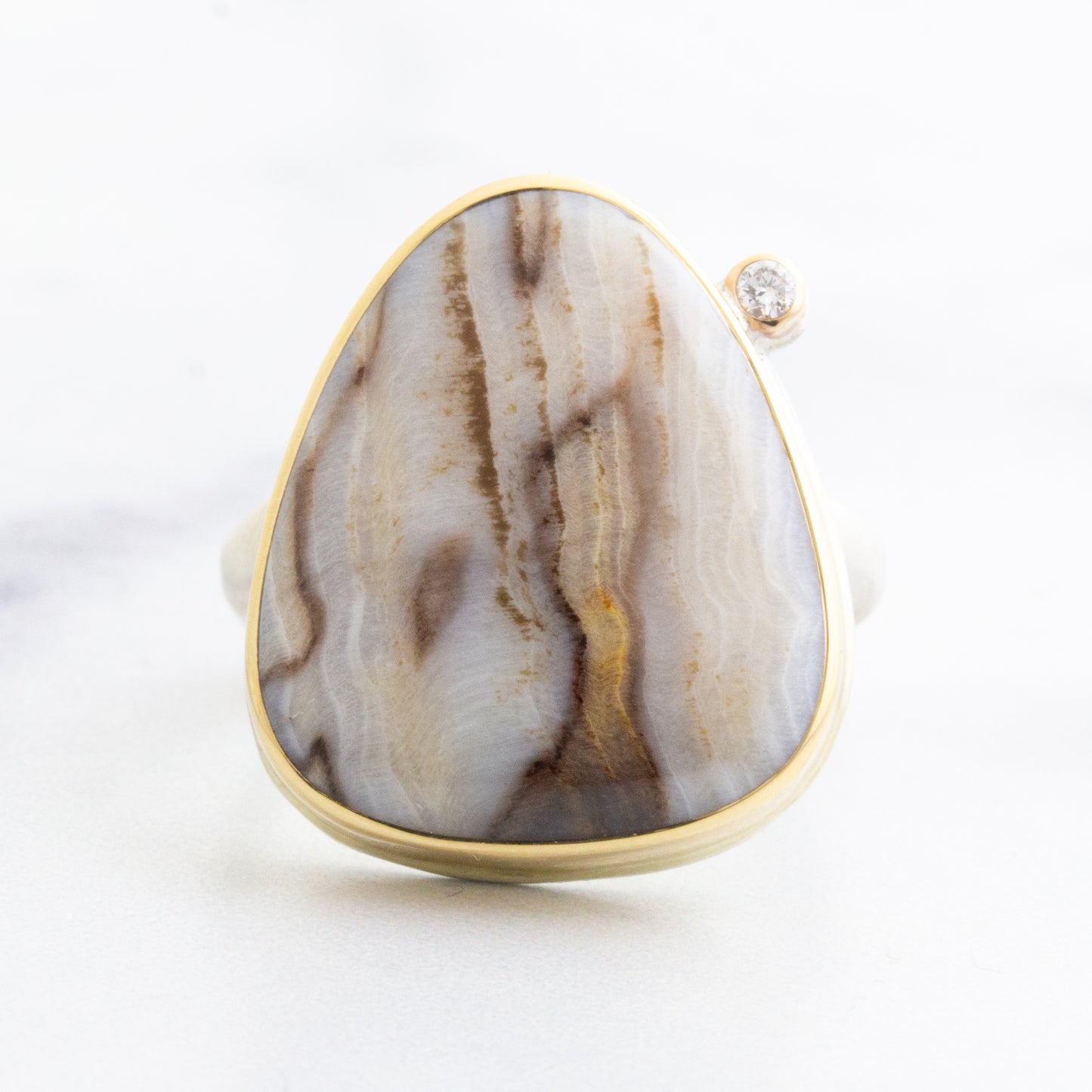 Sterling & 14K Gold Fossilized Channel Wood & Diamond Ring
