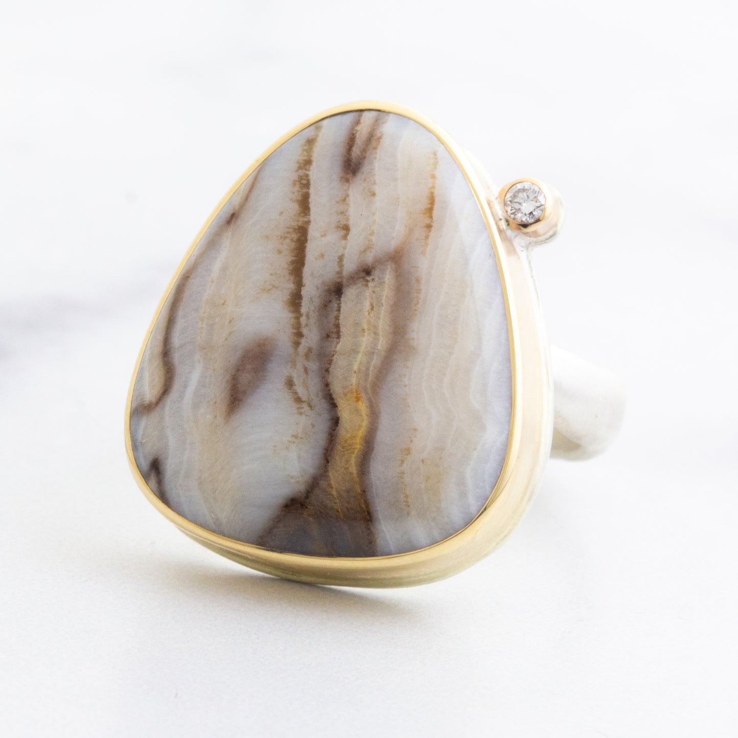 Sterling & 14K Gold Fossilized Channel Wood & Diamond Ring