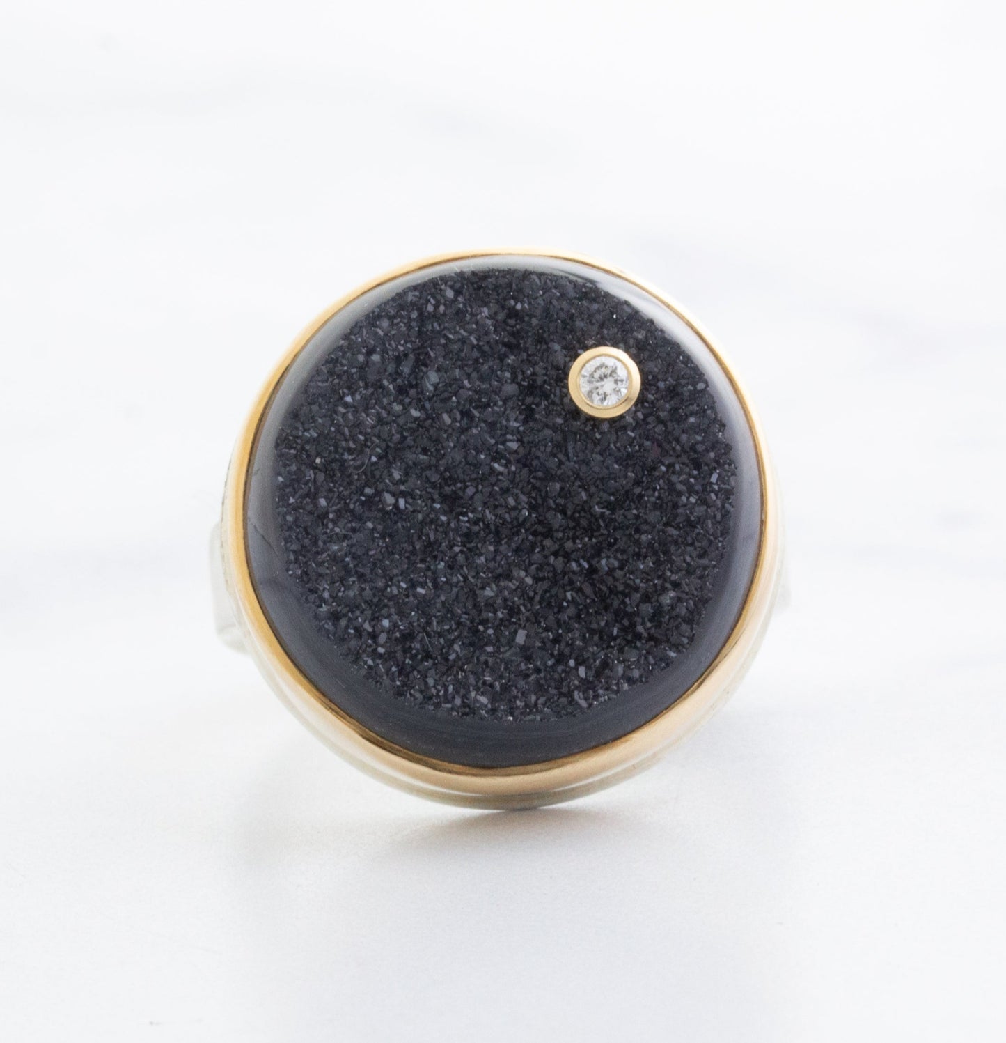 Sterling & 14K Gold Brazilian Black Drusy & Diamond Ring