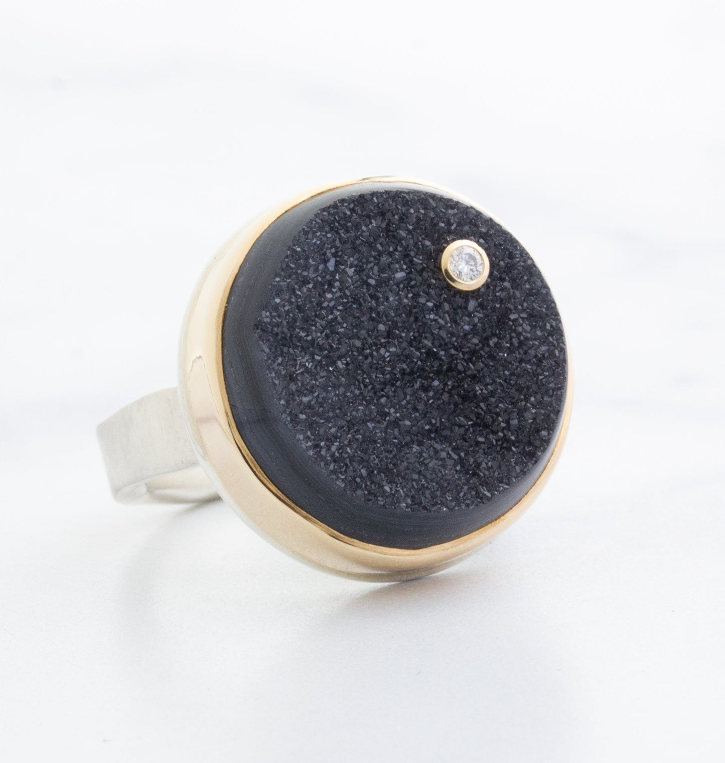 Sterling & 14K Gold Brazilian Black Drusy & Diamond Ring