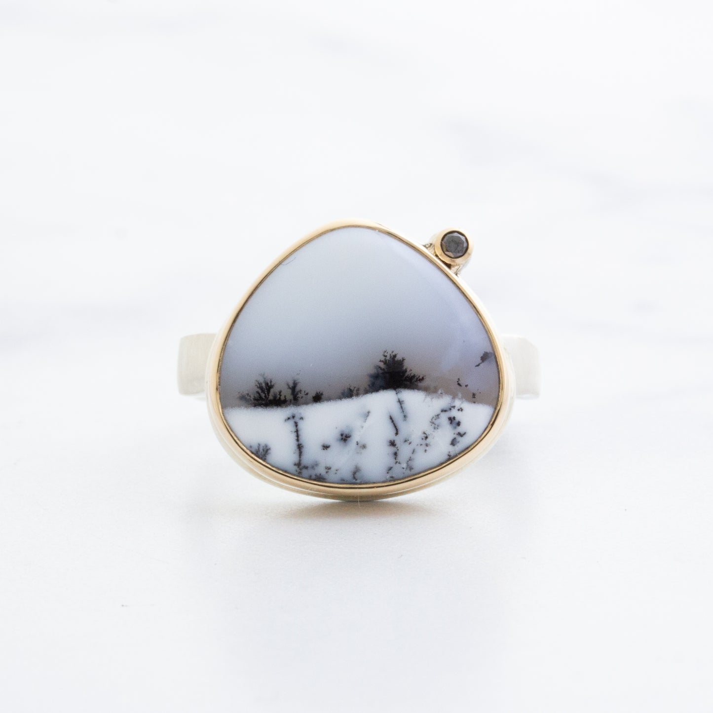 Sterling & 14K Gold Dendritic Opal & Black Diamond Ring