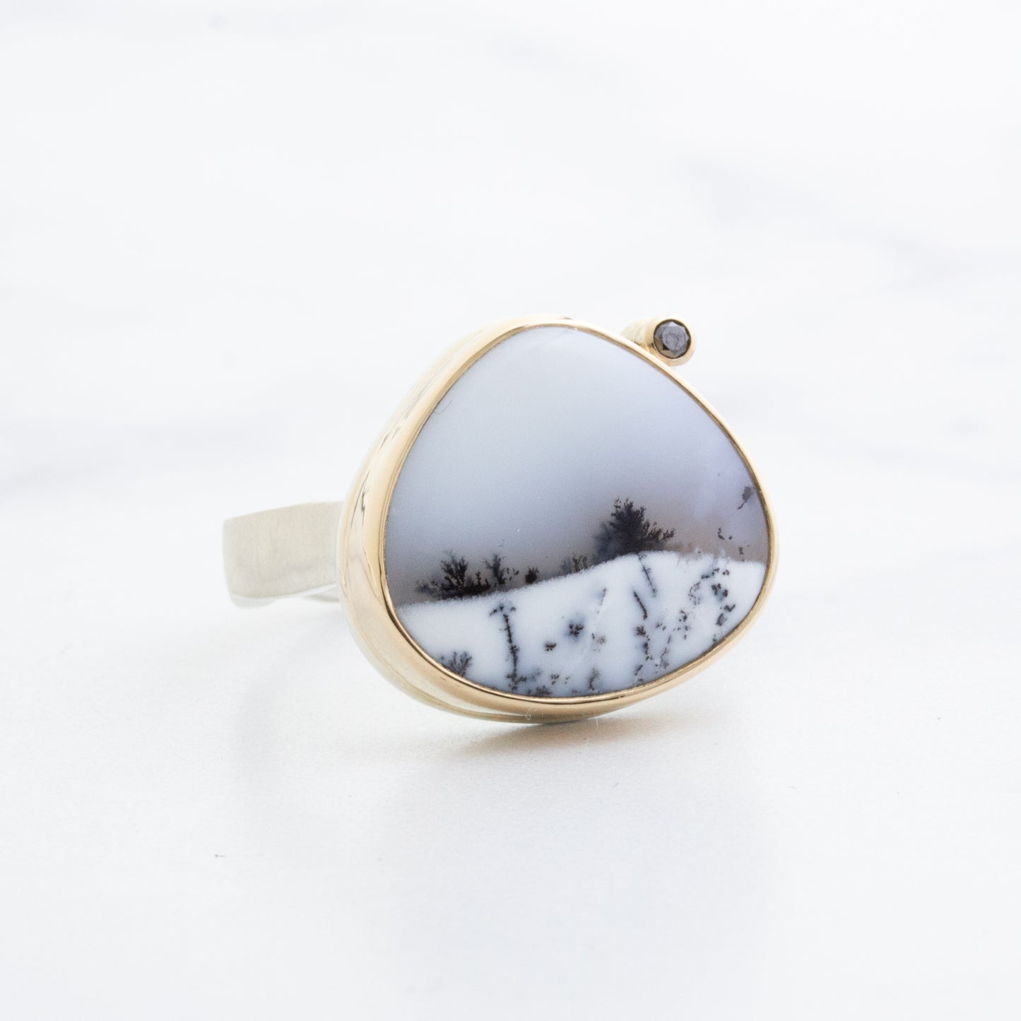 Sterling & 14K Gold Dendritic Opal & Black Diamond Ring