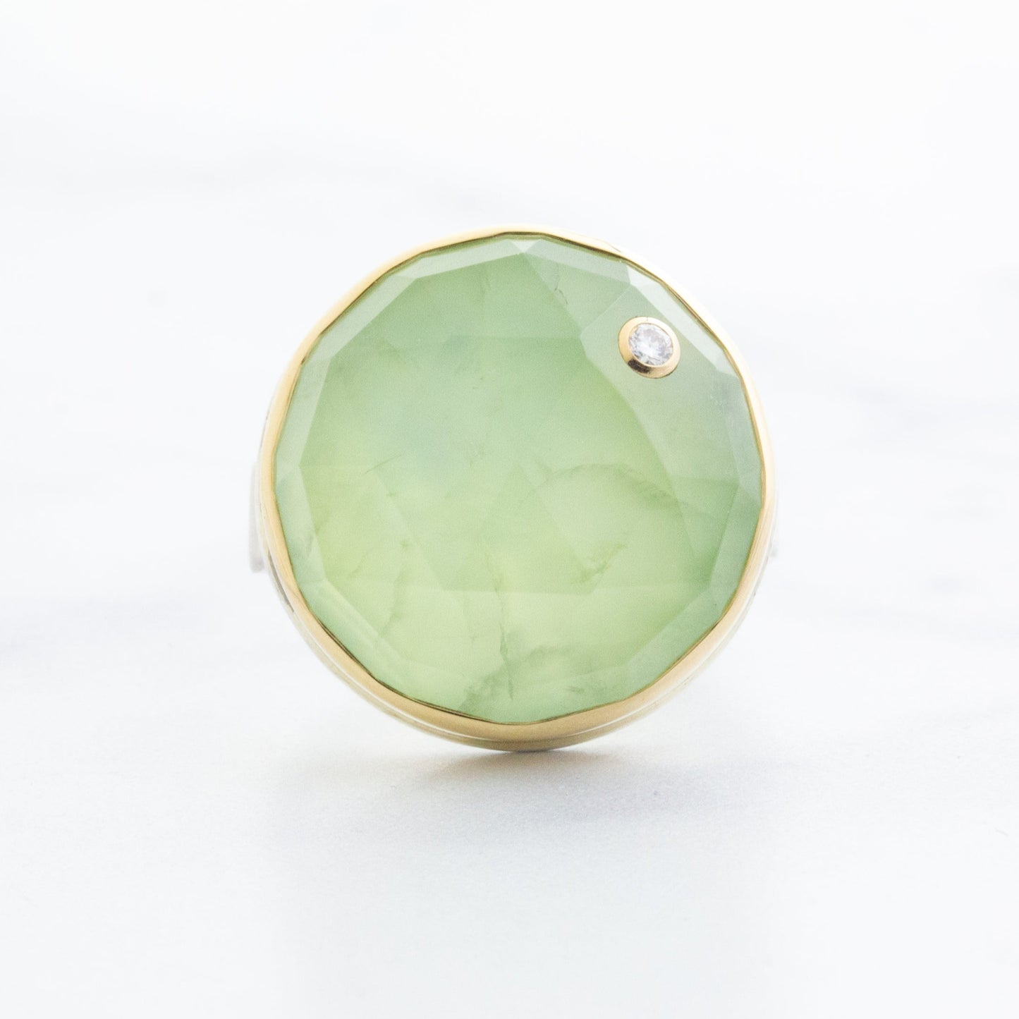 Sterling & 14K Gold Prehnite & Diamond Ring