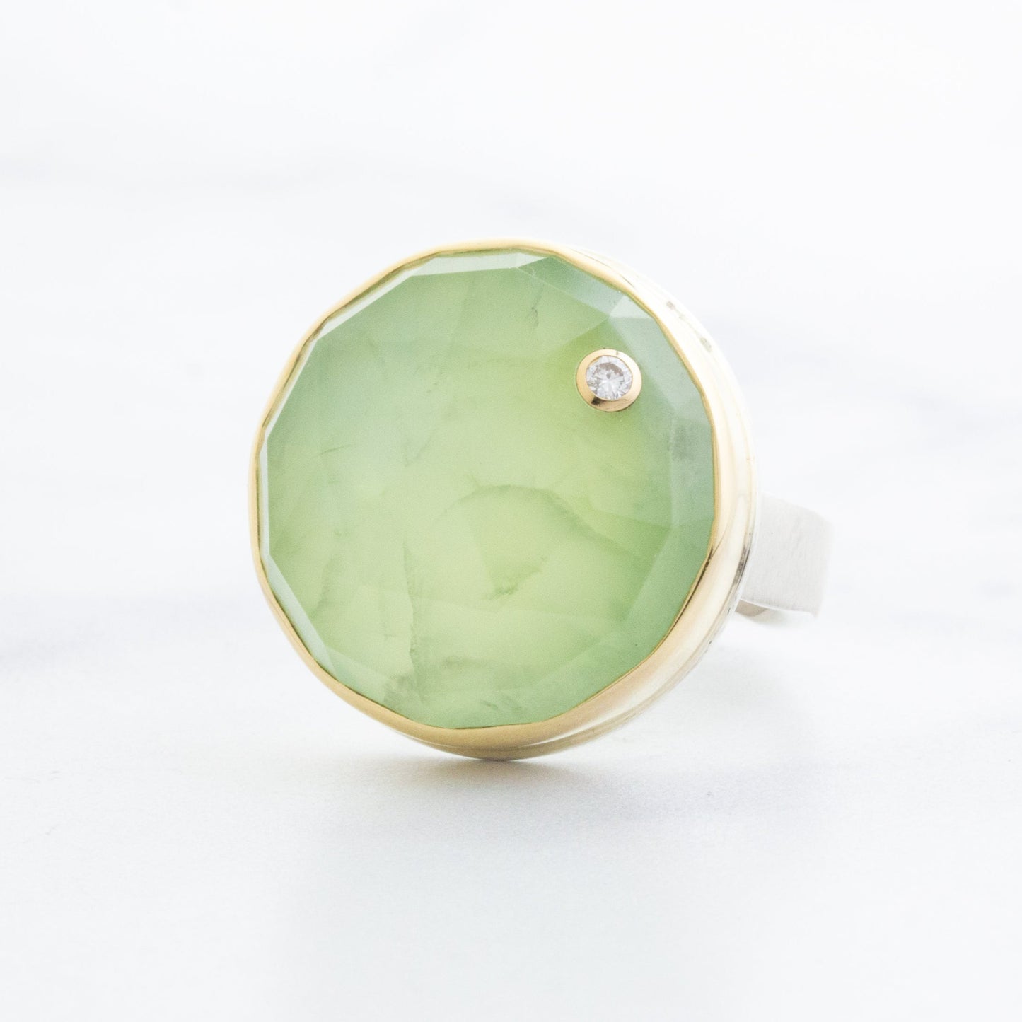 Sterling & 14K Gold Prehnite & Diamond Ring