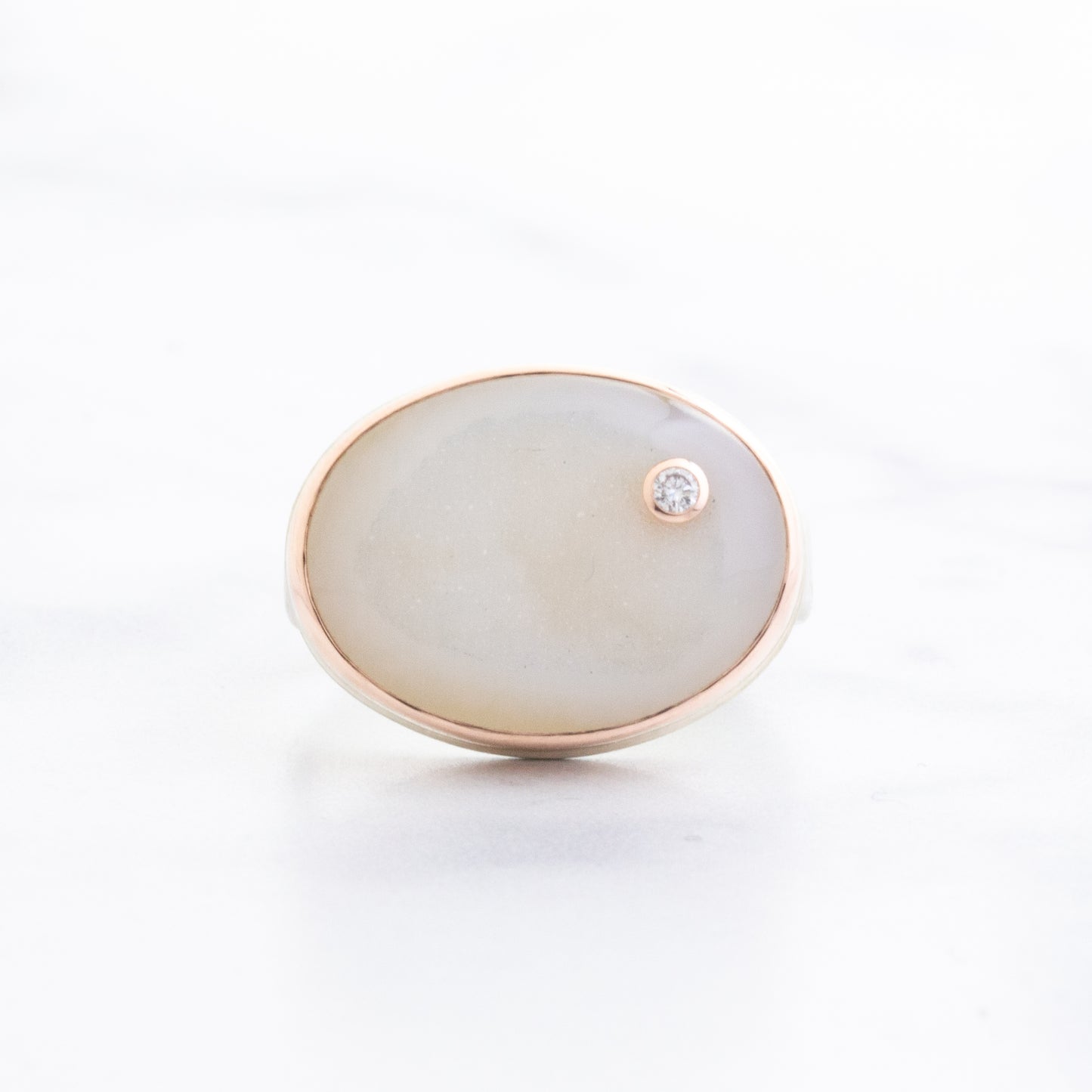Sterling & 14K Rose Gold Brazilian White Drusy & Diamond Ring