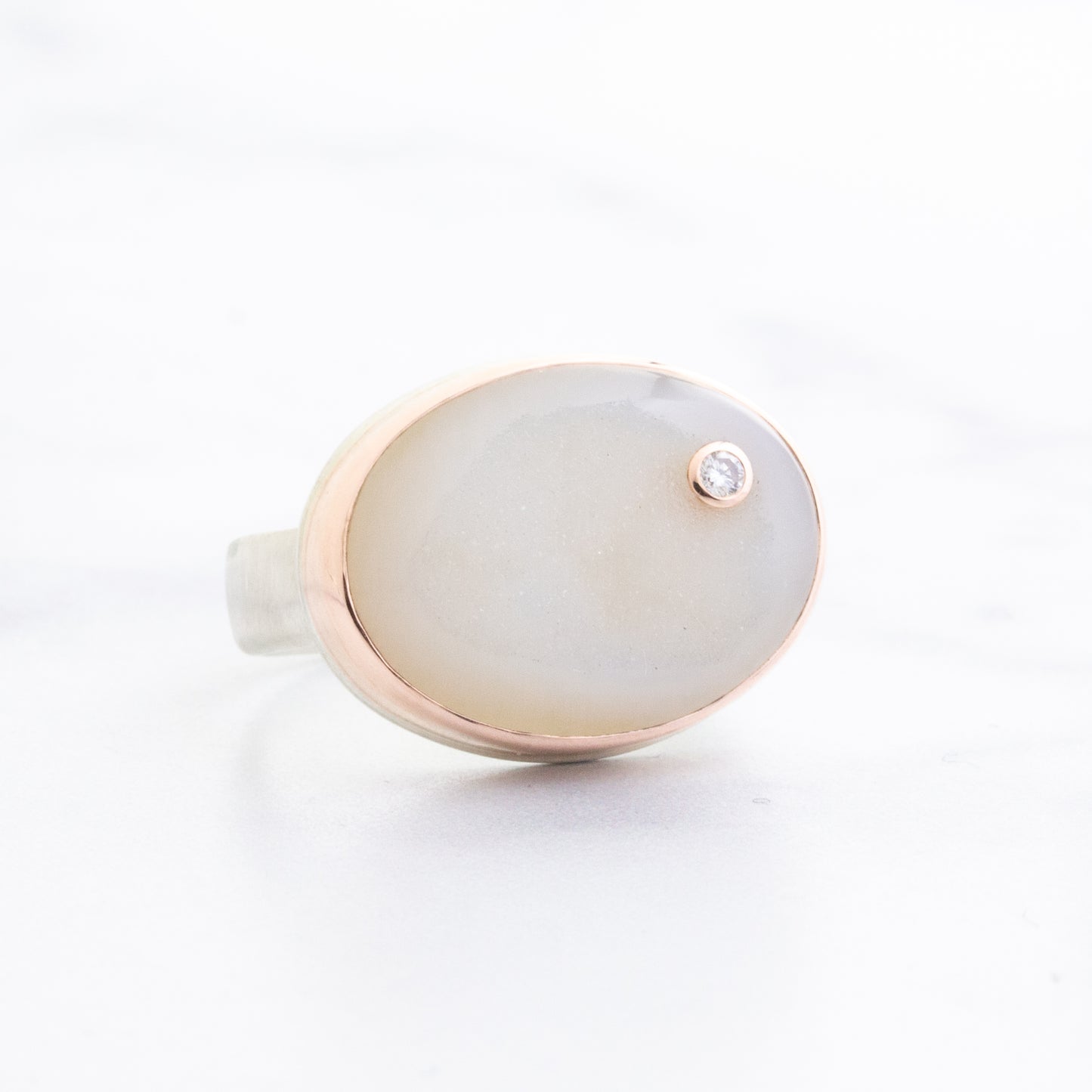 Sterling & 14K Rose Gold Brazilian White Drusy & Diamond Ring