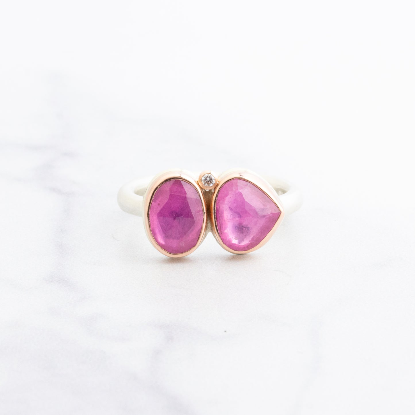 Sterling & 14K Rose Gold Double African Ruby & Diamond Ring