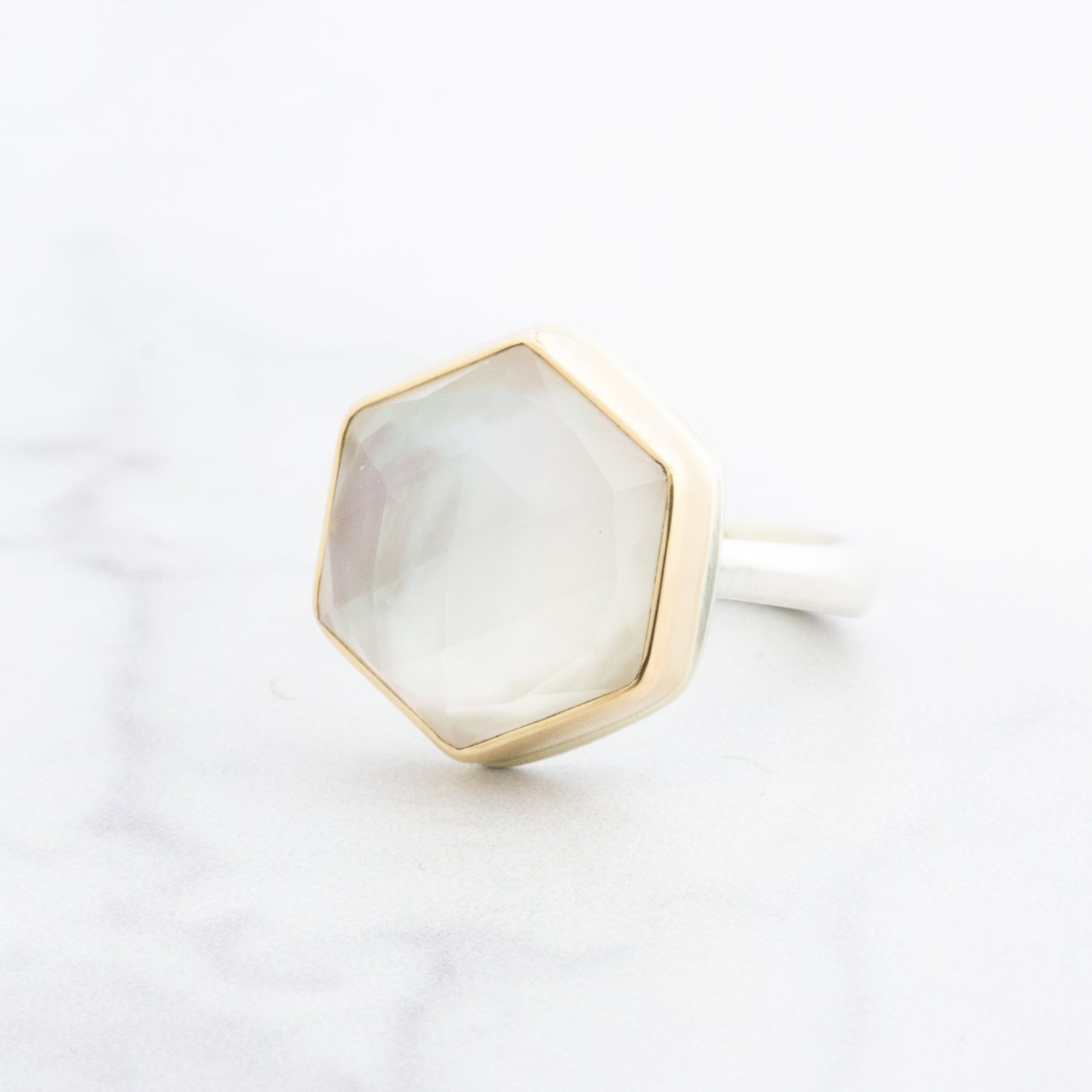 Sterling & 14K Gold Rock Crystal and Mother of Pearl Ring