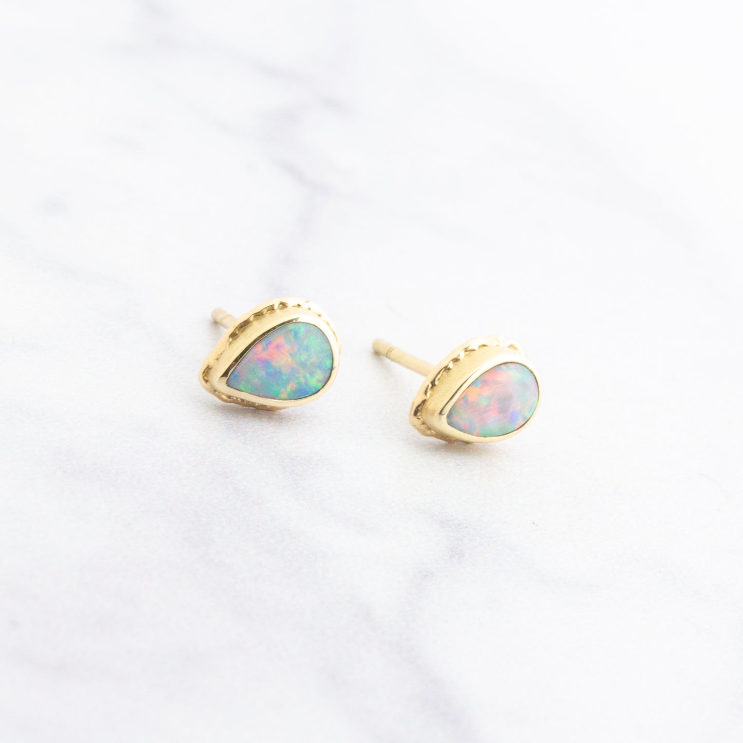 14K Gold Teardrop Australian Opal Post Earrings