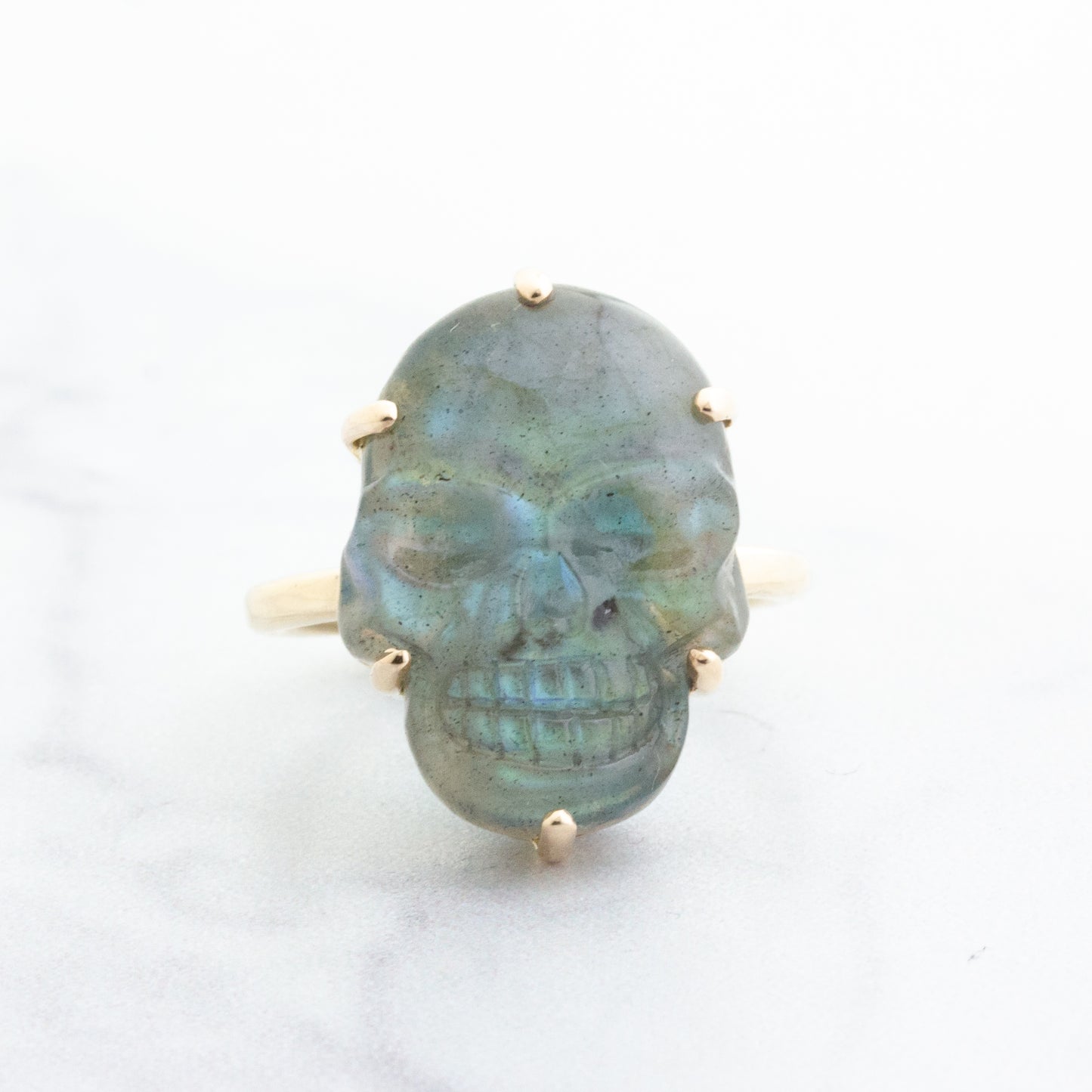 14K Gold Prong Labradorite Skull Ring