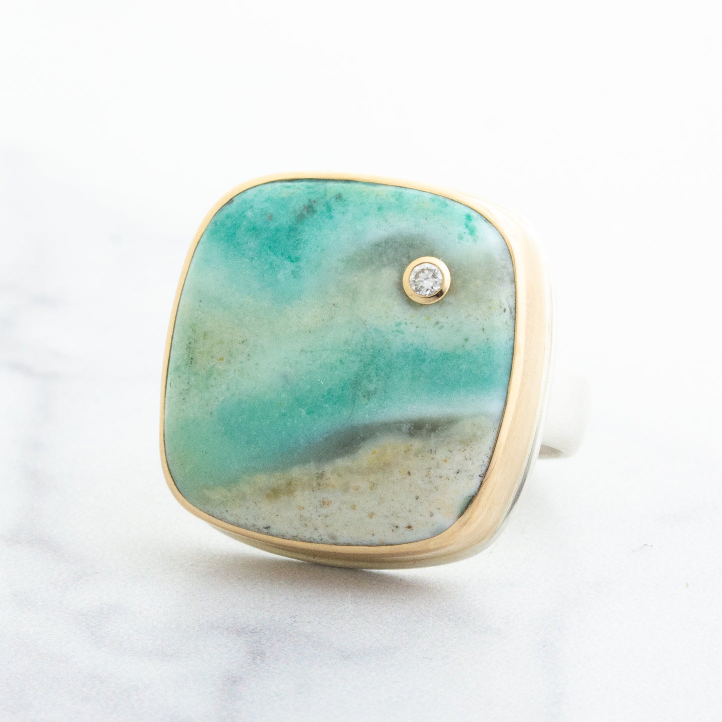Sterling & 14K Gold Blue Indonesian Fossilized Opalized Wood & Diamond Ring
