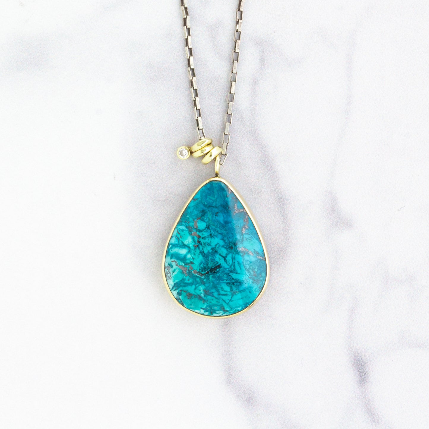 Oxidized Sterling & 14K Gold Chrysocolla & Diamond Necklace
