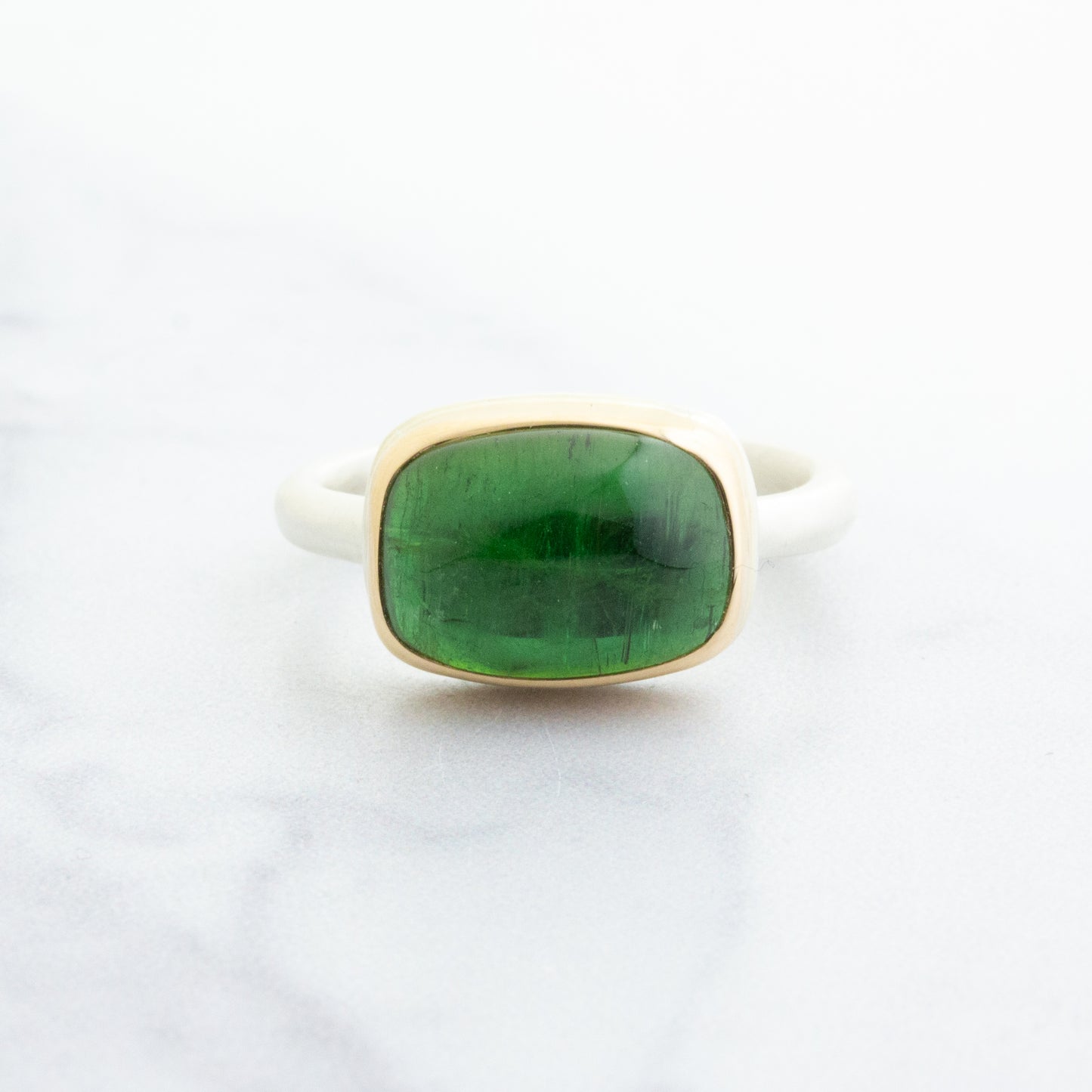 Sterling & 14K Gold Rectangular Green Tourmaline Ring