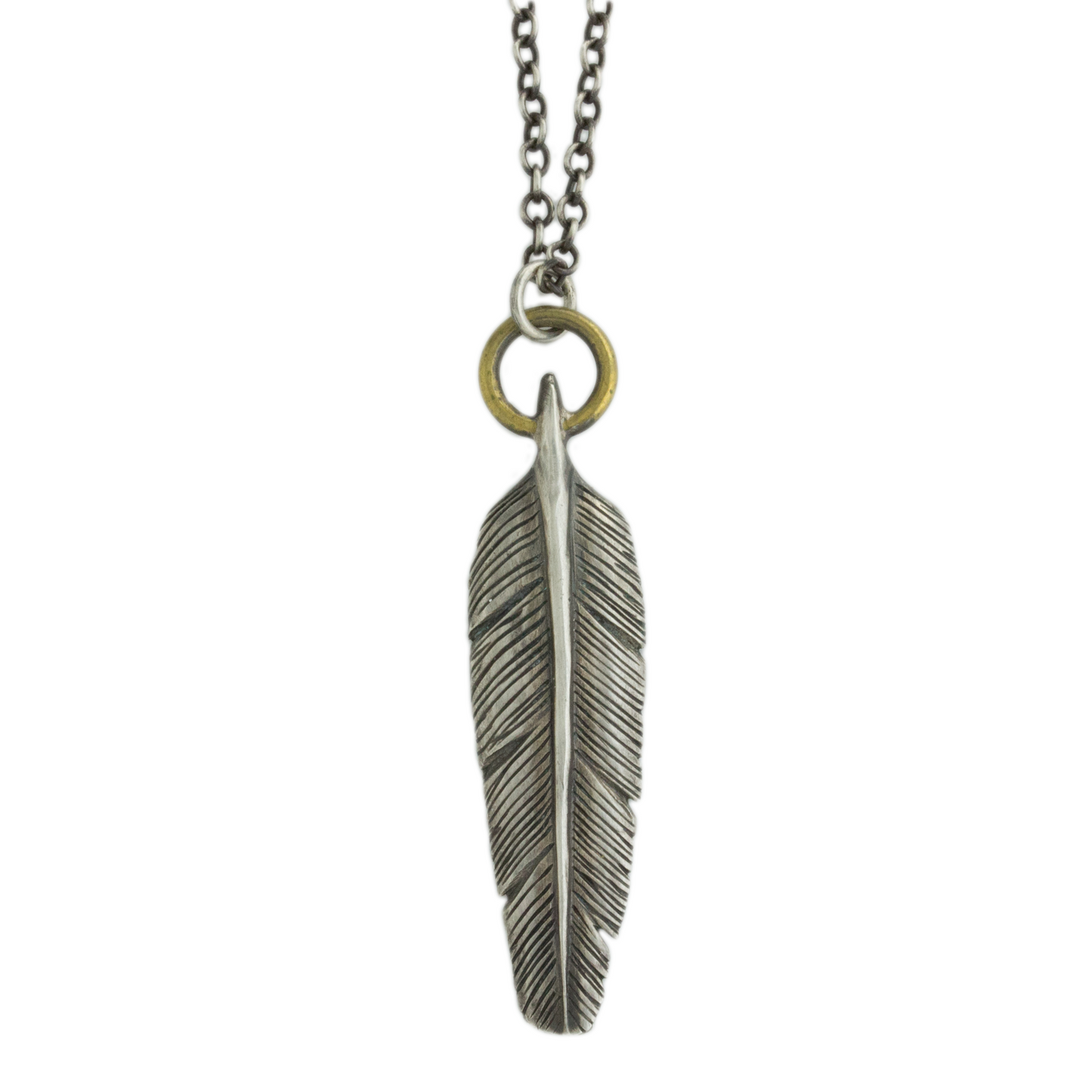 Oxidized Sterling & Brass Feather Necklace